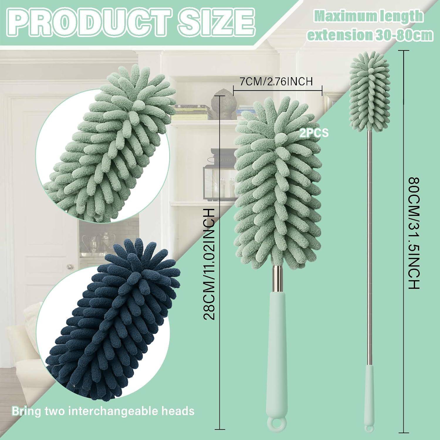 Zwei auswechselbare Mikrofaserstaubwedel, 28 cm und 80 cm lang, in grün und blau, mit maximaler Ausfahrlänge von 30-80 cm.