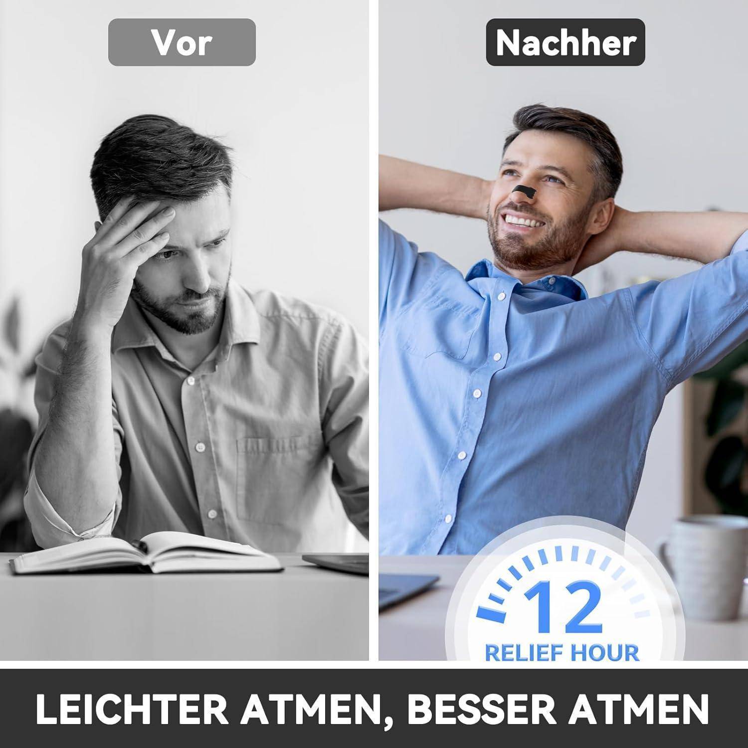Vorher' zeigt einen Mann, der gestresst mit dem Kopf in der Hand erscheint. 'Nachher' zeigt denselben Mann entspannt und lächelnd. Text: 'LEICHTER ATMEN, BESSER ATMEN'.