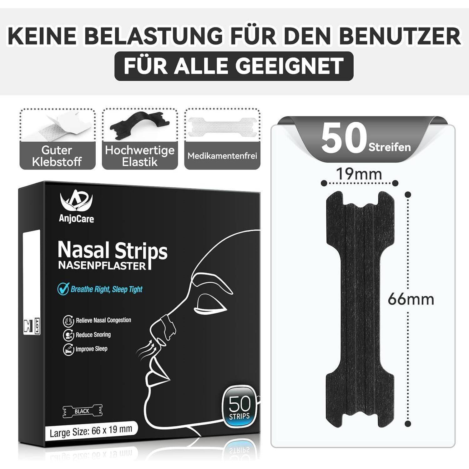 Nasenpflaster-Packung mit Eigenschaften: starkes Klebemittel, hohe Elastizität, medikamentenfrei. Packung enthält 50 Streifen, jeweils 66x19mm.