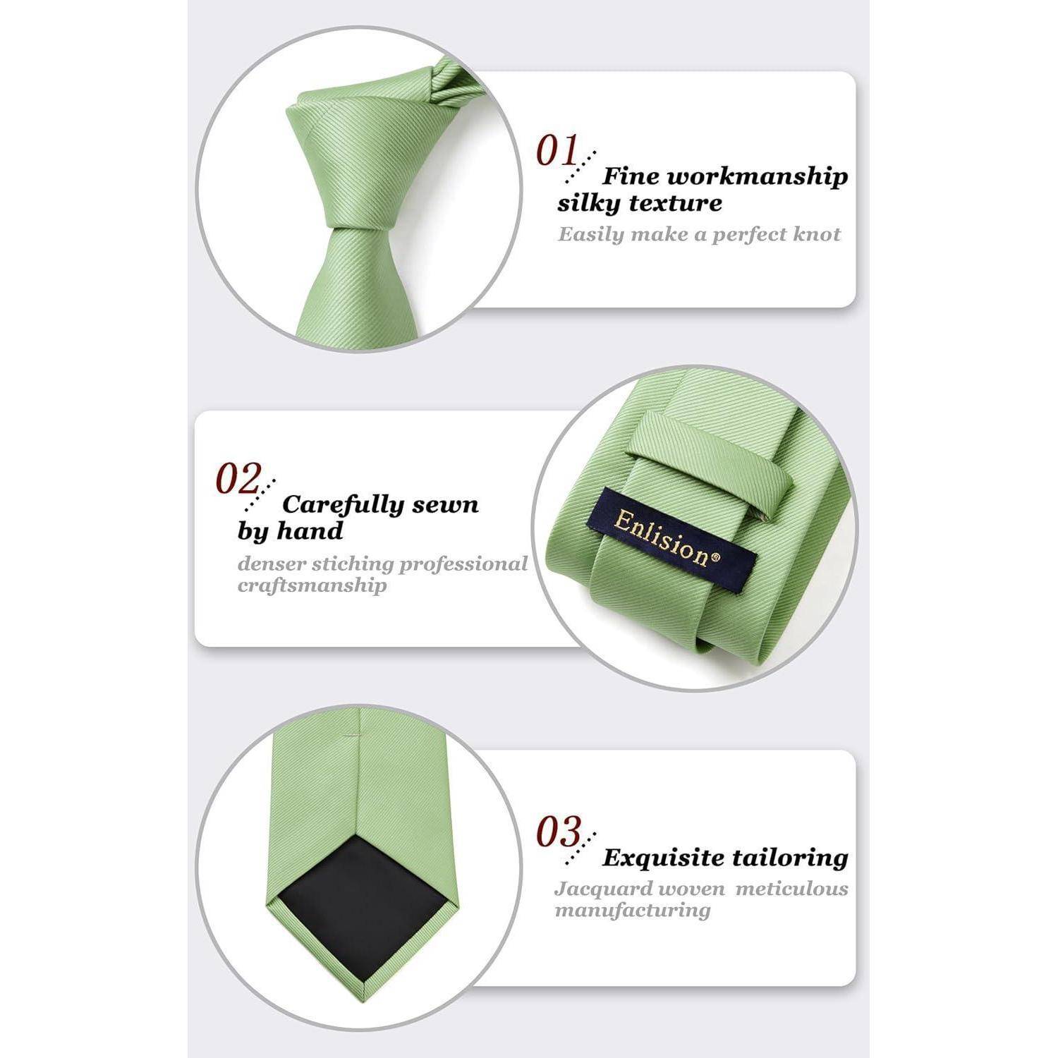 Grüne Krawatte mit feiner Handwerkskunst, von Hand genäht und mit exquisiter Schneiderei. Zu den Merkmalen gehören ein perfekter Knoten, dichte Stickerei und Jacquard-Webung.