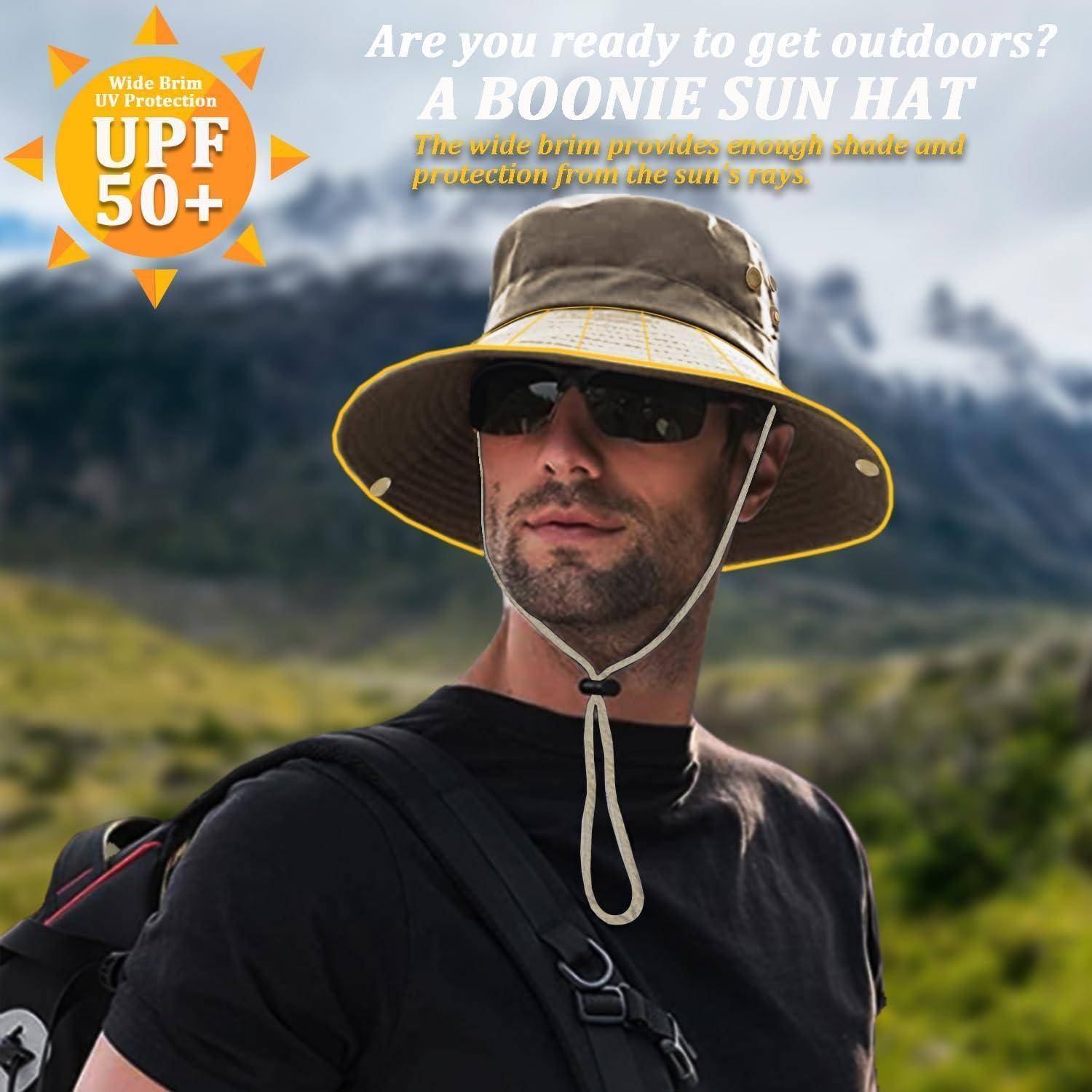 Eine Person im Freien, die einen Boonie-Sonnenhut mit breiter Krempe zum UV-Schutz trägt. Text lautet: 