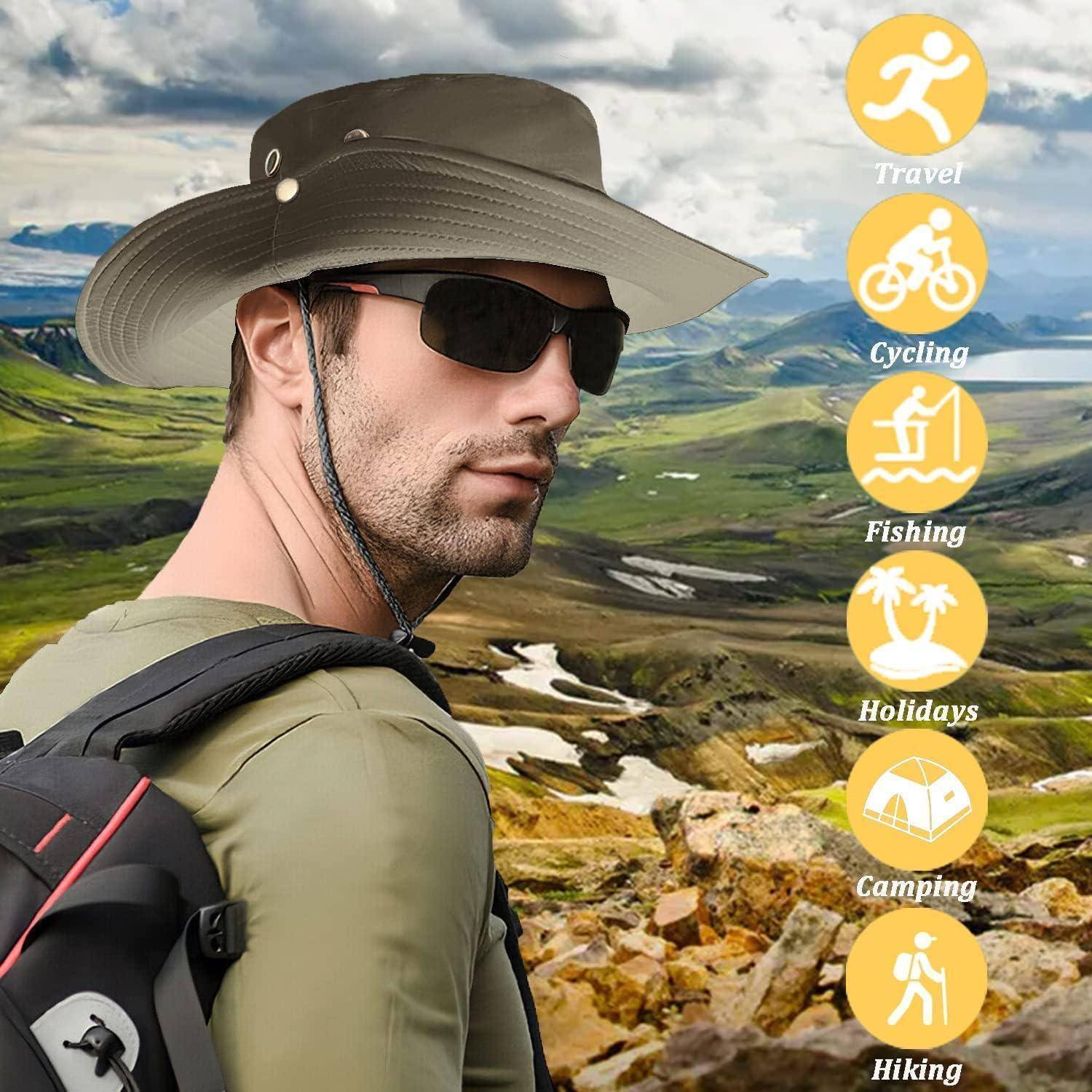 Eine Person in Outdoor-Ausrüstung und Hut blickt über eine malerische Landschaft. Icons listen Aktivitäten auf: Reisen, Radfahren, Angeln, Urlaub, Campen, Wandern.
