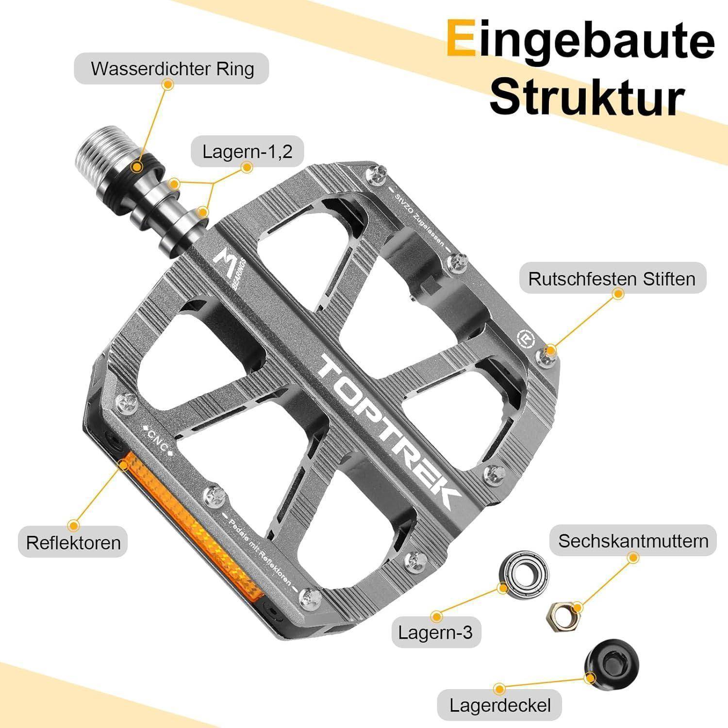 TOPTREK' Fahrradpedal Beschriftung der Teile: Wasserdichter Ring, Lager 1-2, Reflektoren, rutschfeste Stifte, Sechskantmutter, Lager 3 und Lagerdeckel. Text: 'Eingebaute Struktur'.