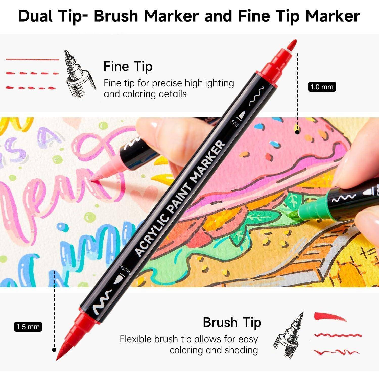 Doppelspitzen-Marker - Pinselmarker und Feintip-Marker': Abbildung zeigt einen Acrylfarb-Marker mit zwei Spitzen. Eine Seite ist eine Feintip-Spitze für präzise Hervorhebungen, gekennzeichnet mit 1,0 mm, und die andere Seite ist eine Pinselspitze zum Schattieren, gekennzeichnet mit 1-5 mm.