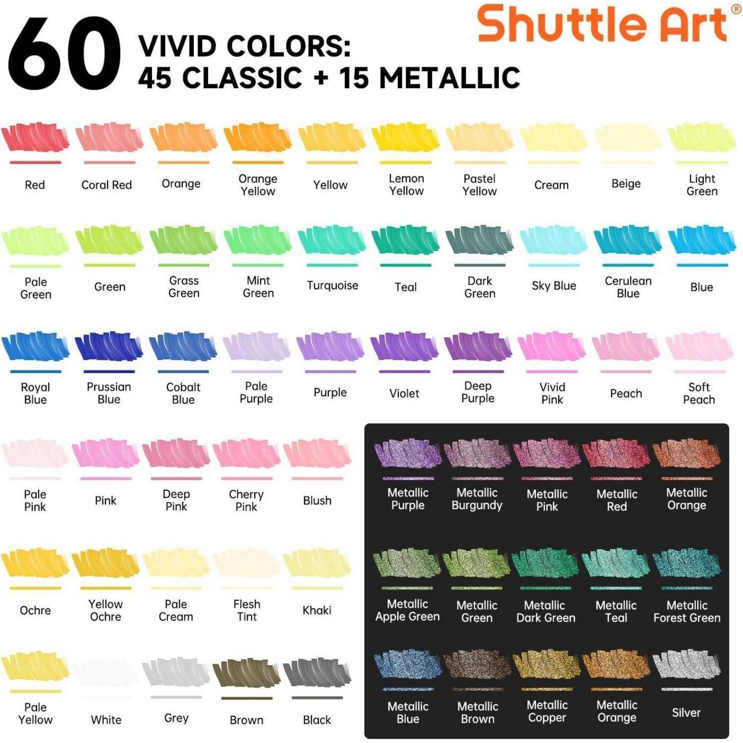 60 Lebendige Farben: 45 Klassische + 15 Metallic' Text mit Farbmustern in einem Raster angeordnet. Die Farbmuster zeigen eine Vielzahl von Schattierungen, einschließlich Rot-, Blau-, Grün- und Metalltönen.