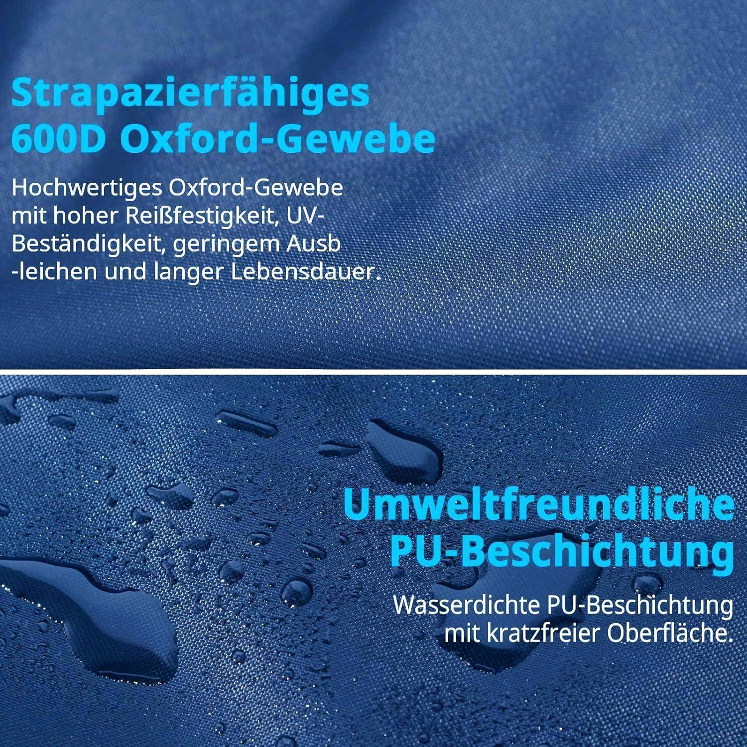 Blaues Gewebe mit Wassertropfen demonstriert die Stärke und Langlebigkeit des '600D Oxford-Gewebes' und betont die wasserabweisende 'Umweltfreundliche PU-Beschichtung'.