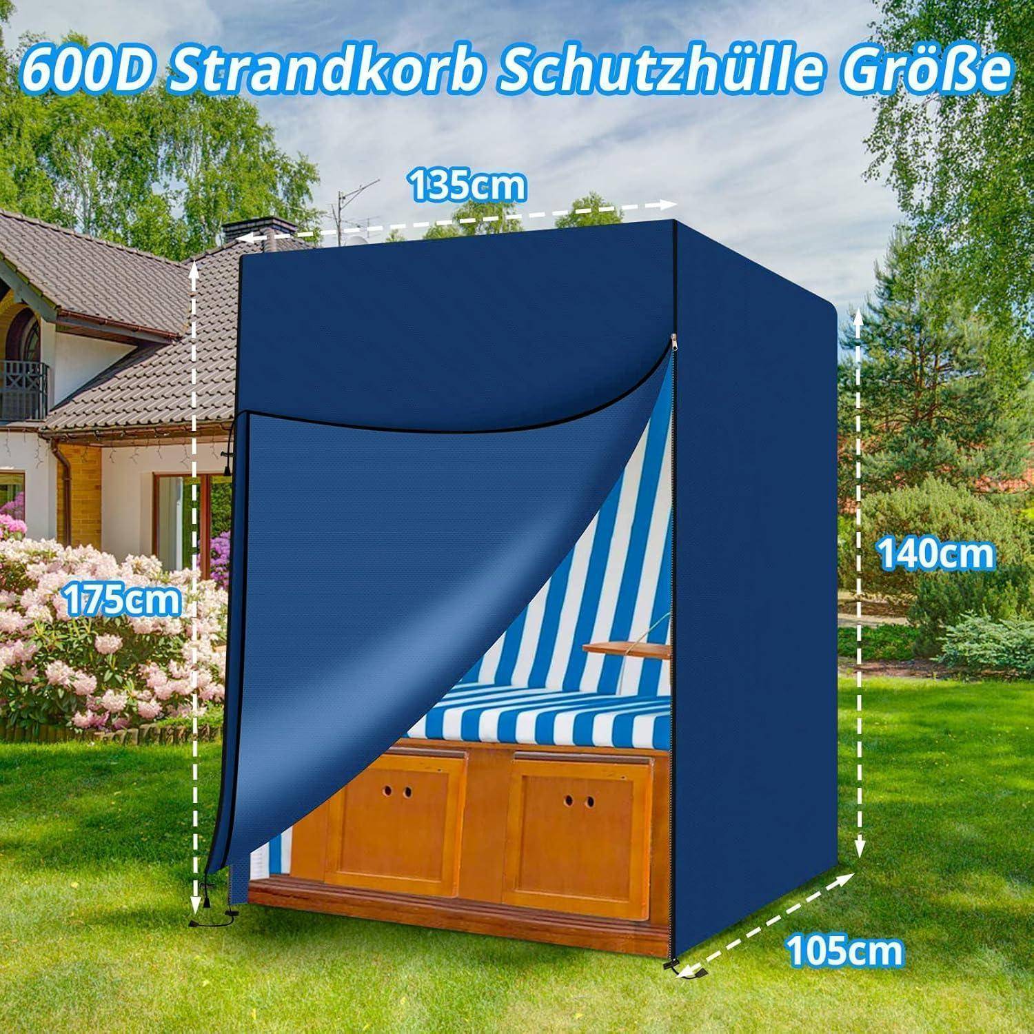Blaue wetterfeste Abdeckung auf einem Strandkorb in einem Garten. Abmessungen: 135 cm breit, 140 cm tief, 175 cm hoch. Text: '600D Strandkorb Schutzhülle Größe'.