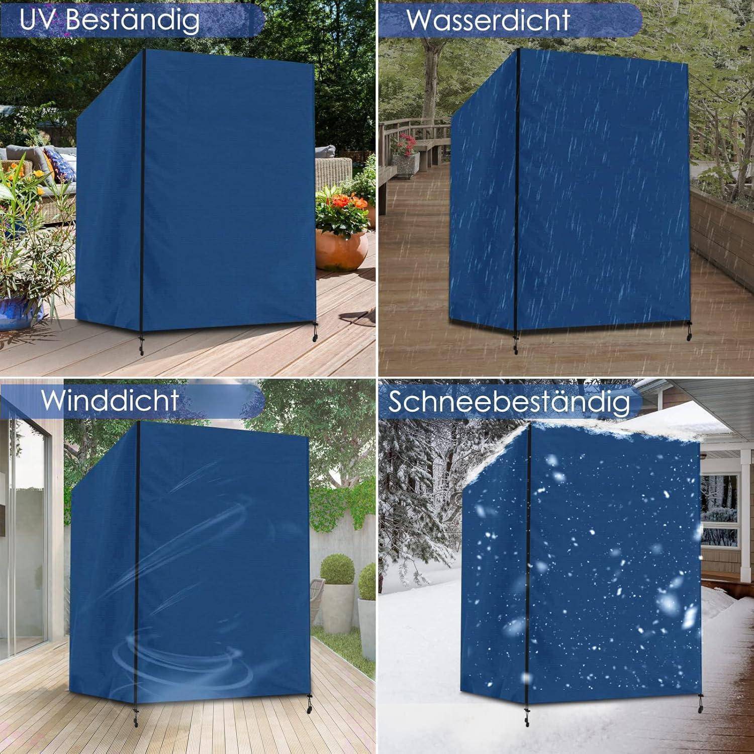 Vier Bilder einer blauen Outdoor-Möbel-Abdeckung. Oben links: 'UV-beständig'. Oben rechts: 'Wasserdicht' mit Regen. Unten links: 'Winddicht' mit Wind. Unten rechts: 'Schneebeständig' mit Schnee.