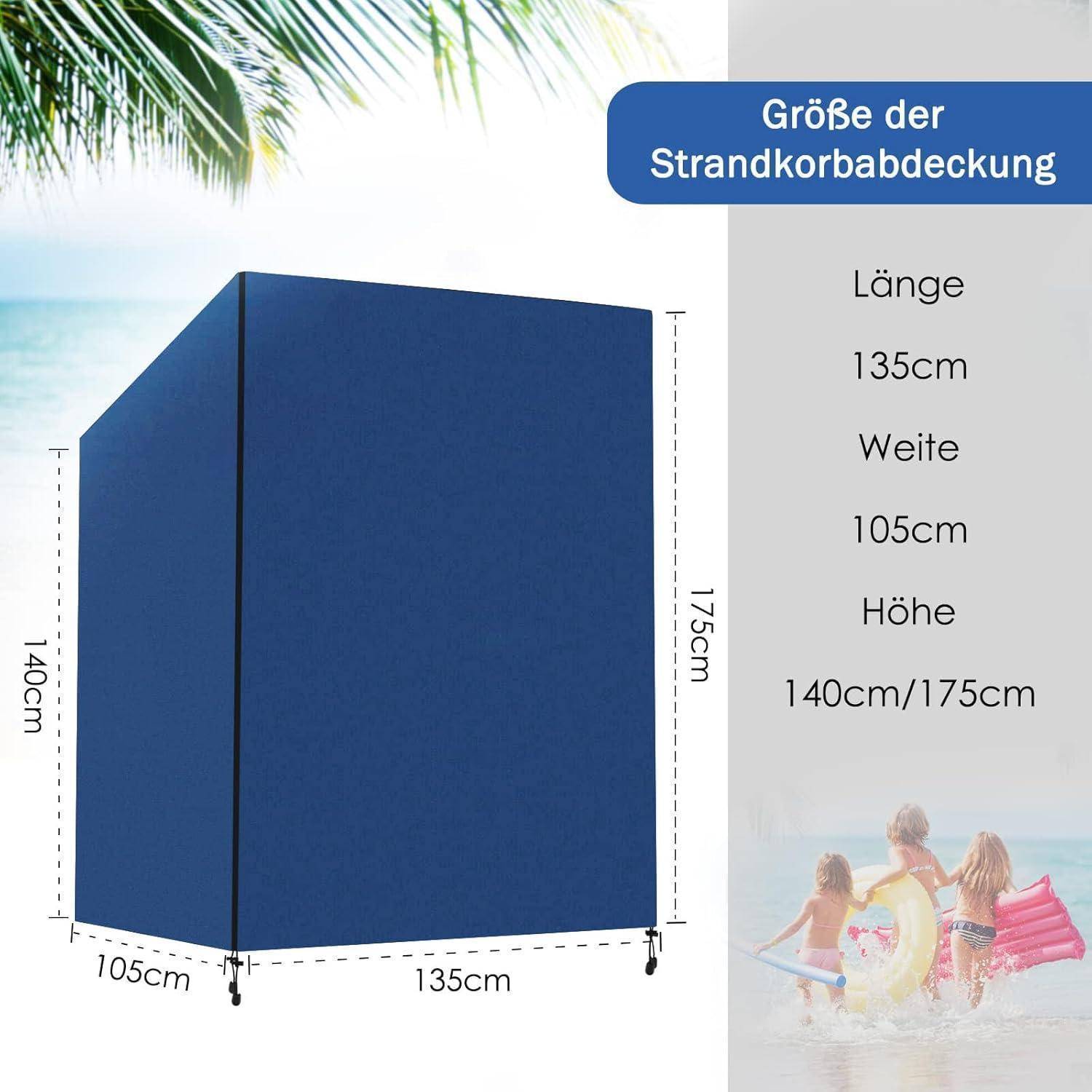 Eine blaue Strandkabinen-Skizze zeigt Abmessungen: Länge 135 cm, Breite 105 cm, Höhe 140 cm/175 cm. Hintergrundbild von Kindern, die im Wasser spielen.