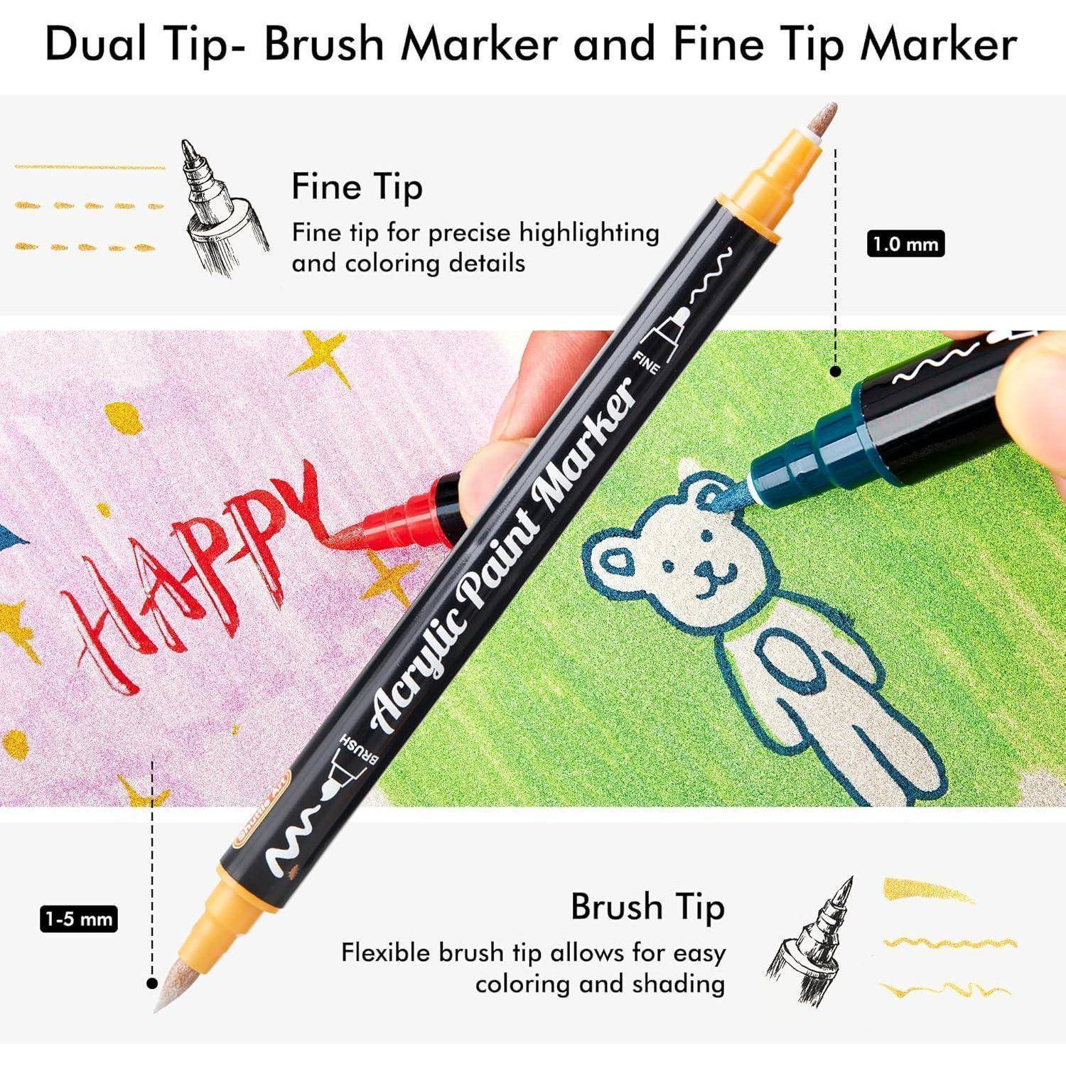 Acryl-Lackmarker mit Doppelspitzen: Feine Spitze für Detailarbeit und Pinselspitze für breite Striche, illustriert mit bunten Zeichnungen.