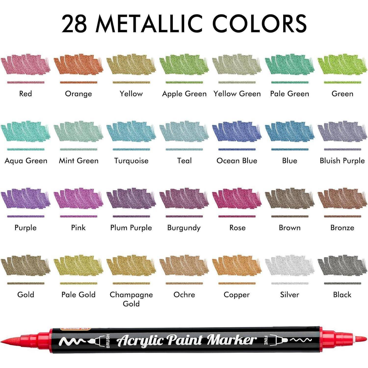 Acryl-Lackmarker mit 28 Metallicfarben, darunter verschiedene Schattierungen von Rot, Grün, Blau, Lila und anderen, jeweils beschriftet.
