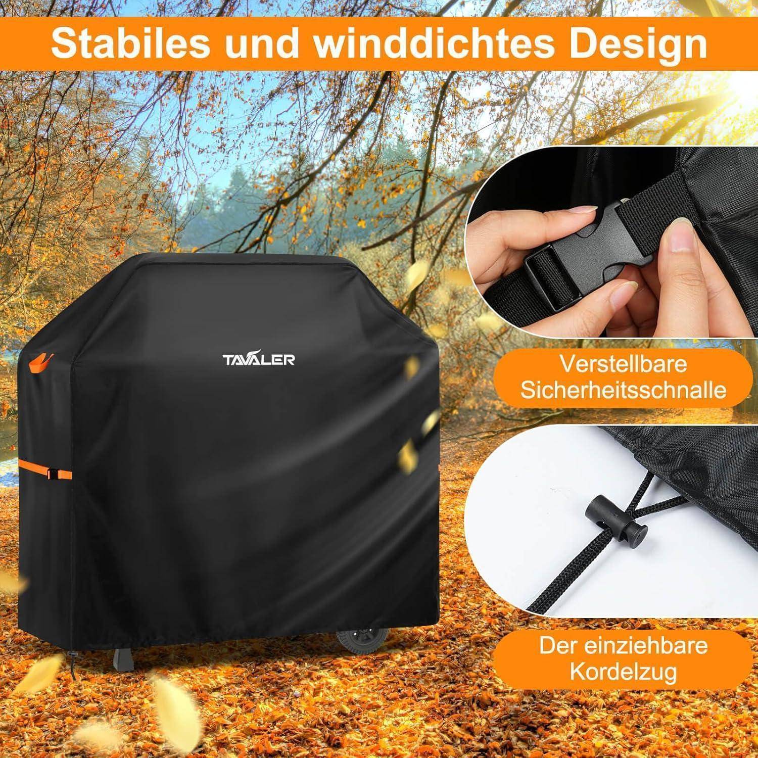 Eine Grillabdeckung in einer Herbstumgebung, die ein stabiles und winddichtes Design mit verstellbaren Schnallen und Kordelzugfunktionen hervorhebt.