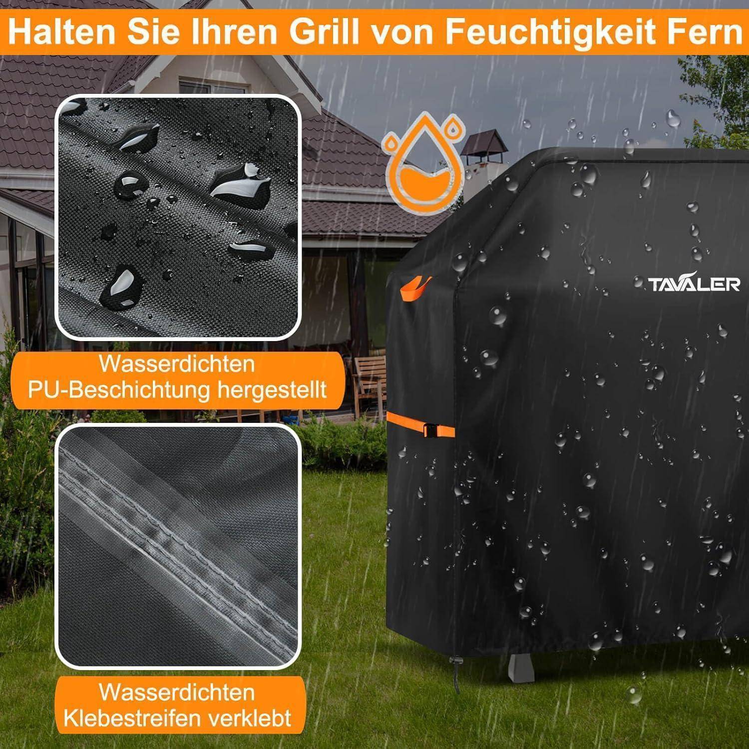 Grillabdeckung, die vor Feuchtigkeit schützt; ausgestattet mit wasserabweisender PU-Beschichtung und versiegelten Nähten; Haus und Rasen im Hintergrund.