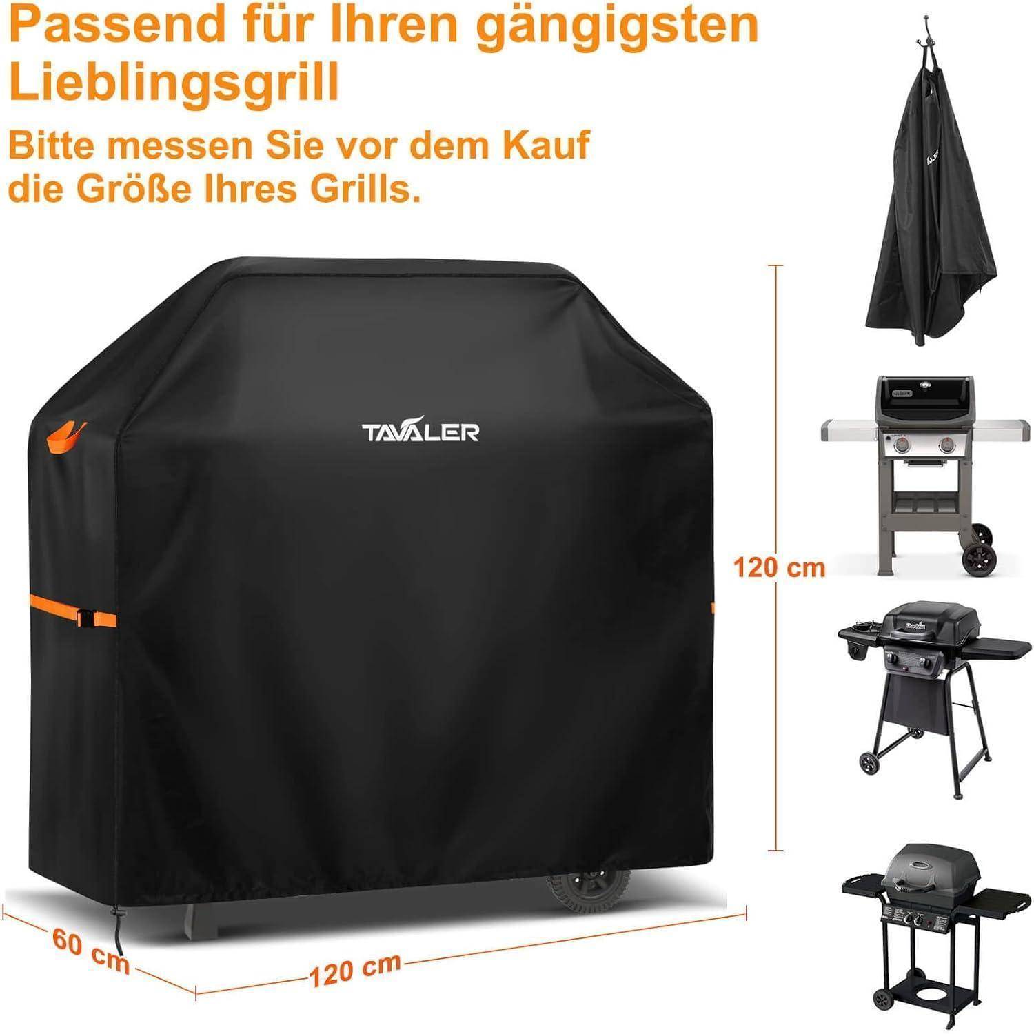 Ein Grillgerät, das mit einer schwarzen TAVALER Grillabdeckung bedeckt ist. Maße: 120 cm Höhe, 160 cm Breite, 60 cm Tiefe. Geeignet für gängige Grillmodelle.