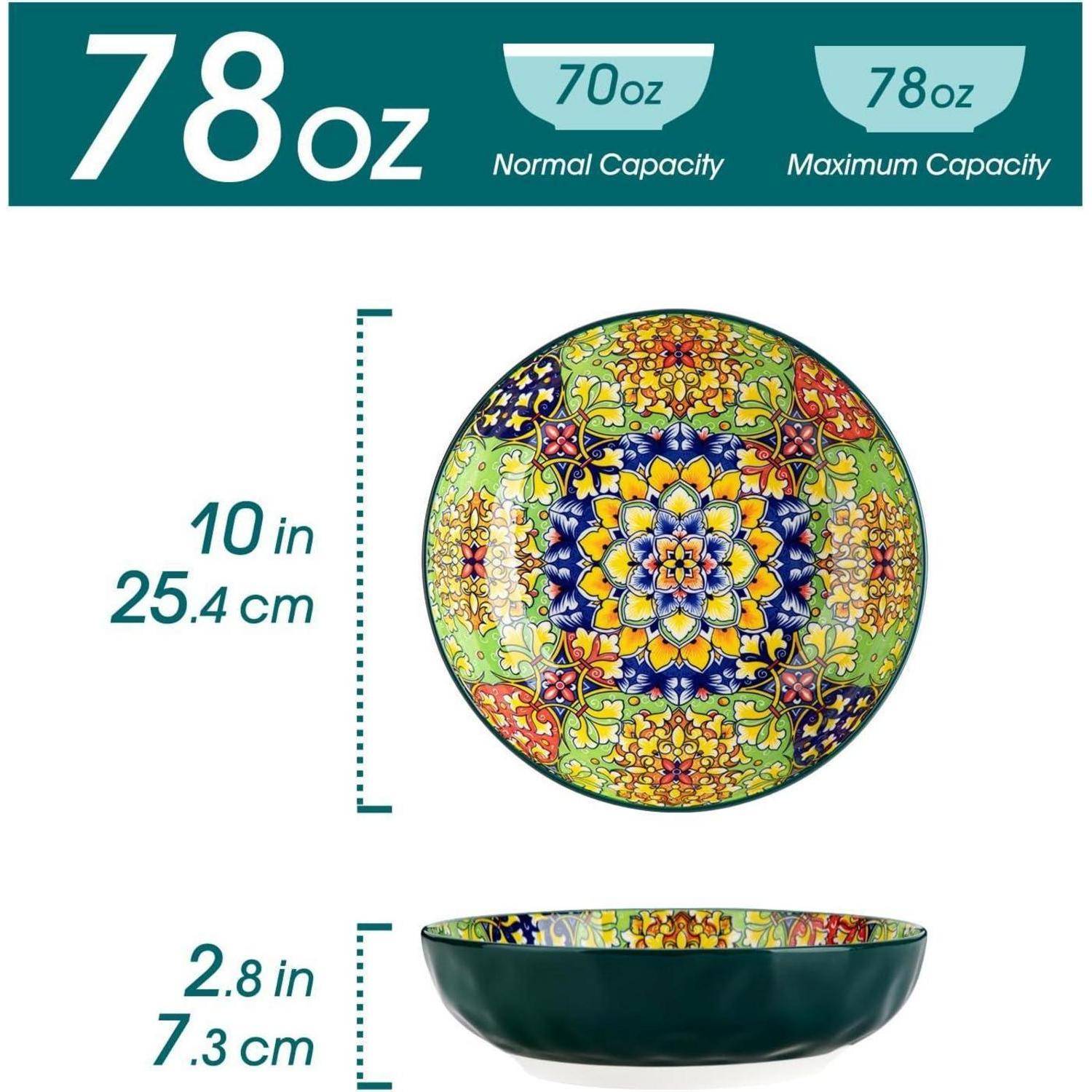 Eine farbenfrohe Zierschale mit einem kunstvollen Blumenmuster, die folgende Maße aufweist: 10 Zoll im Durchmesser und 2,8 Zoll in der Höhe.