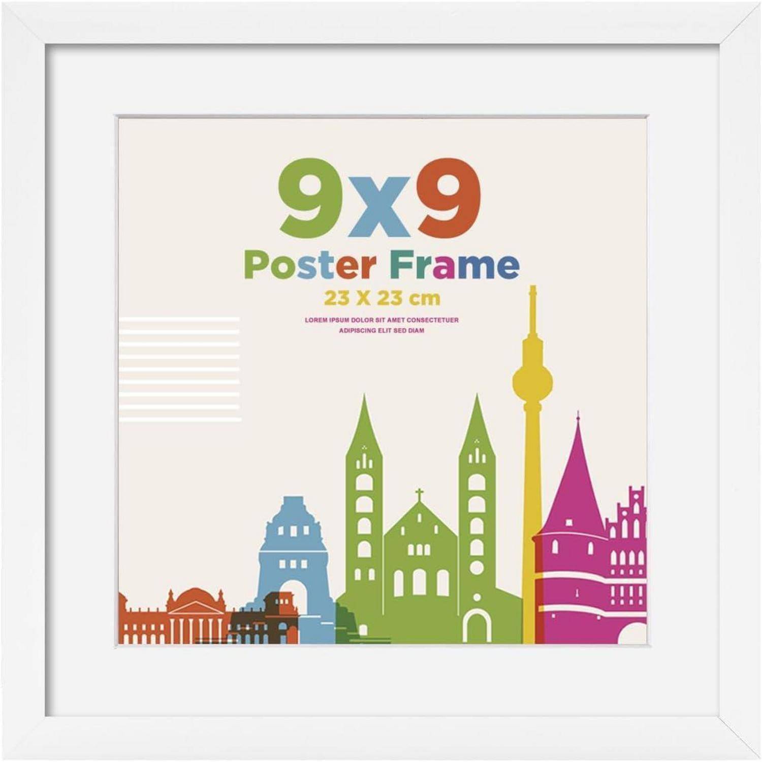 Posterrahmen mit bunter Skyline-Illustration am unteren Rand, der den Text '9x9 Posterrahmen' in lebendigen Farben in der Mitte zeigt.
