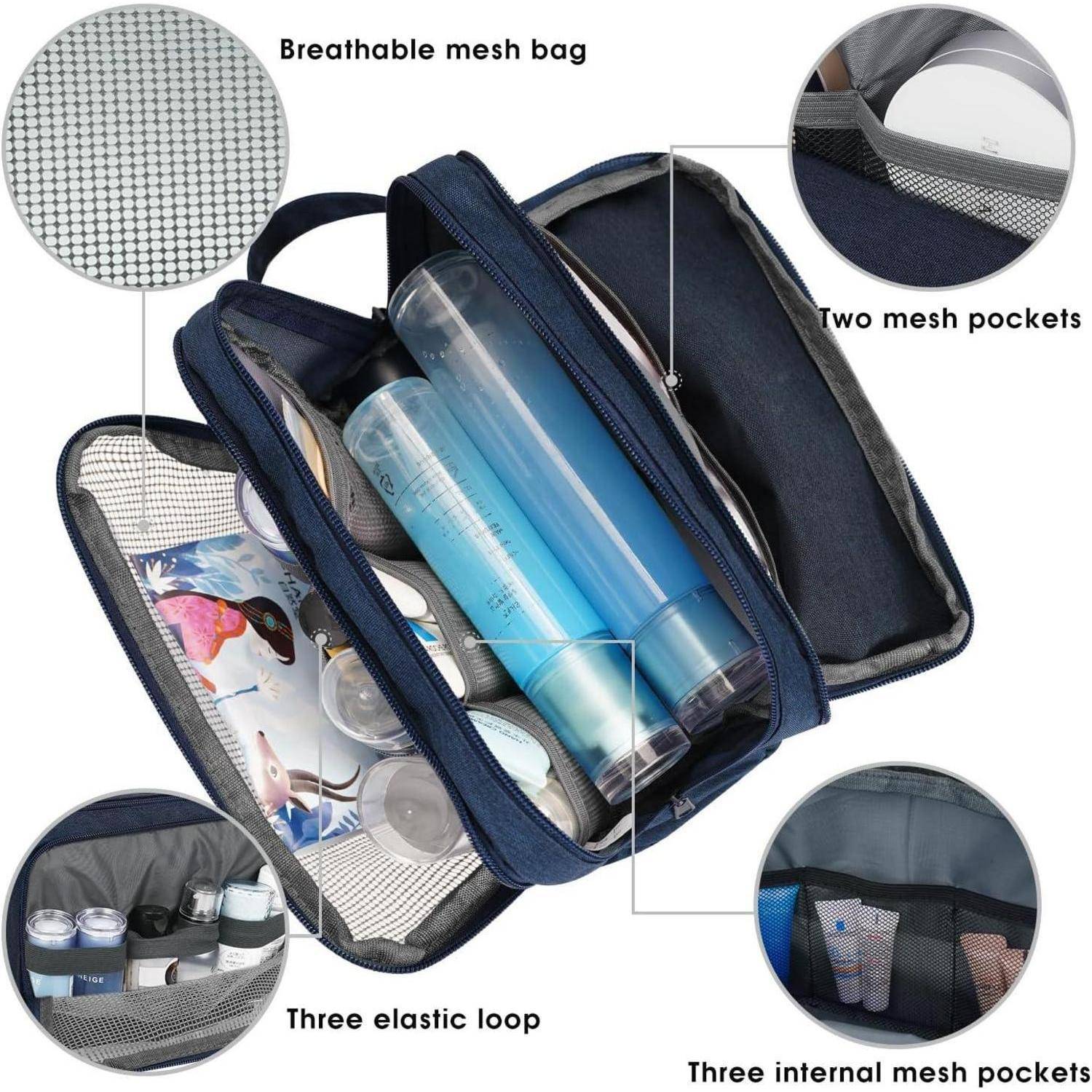 Geöffnete Kulturtasche mit Blick auf die Innenaufteilung. Eigenschaften umfassen einen atmungsaktiven Netzbeutel, zwei Netztaschen, drei elastische Schlaufen und drei innere Netzfächer. Geeignet für die Aufbewahrung verschiedener Toilettenartikel.