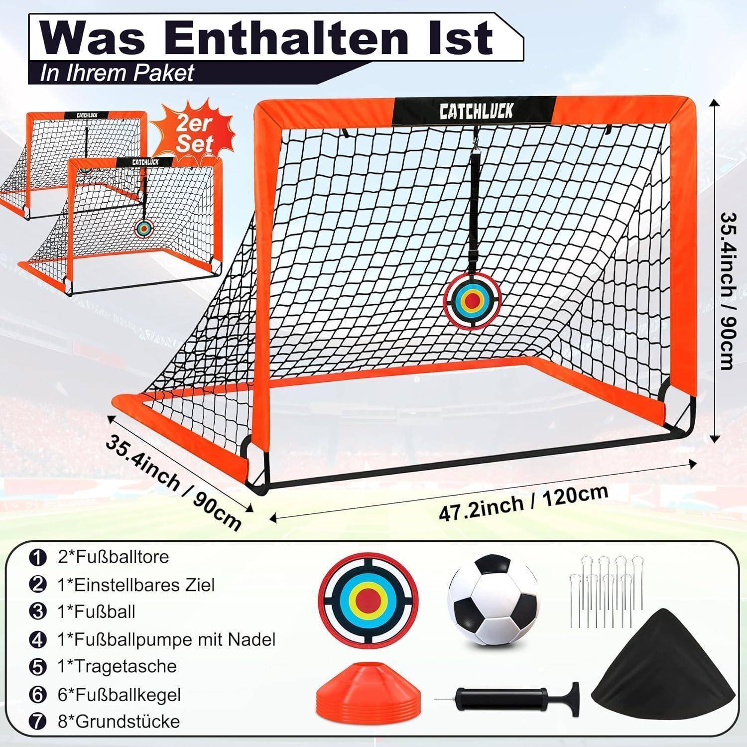 Fußballtor-Set inklusive zwei Netzen, einem verstellbaren Ziel, zwei Bällen, einer Pumpe mit Nadel, Tragetasche, sechs Markierungskegeln und Bodenpflöcken.