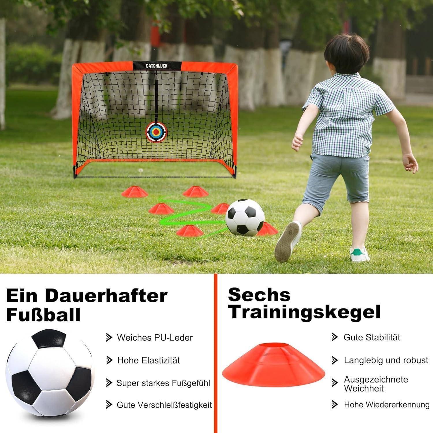 Kind spielt Fußball und zielt auf das Tor mit roten Hütchen im Park; Merkmale umfassen einen weichen PU-Lederball und dauerhafte, stabile Trainingshütchen.