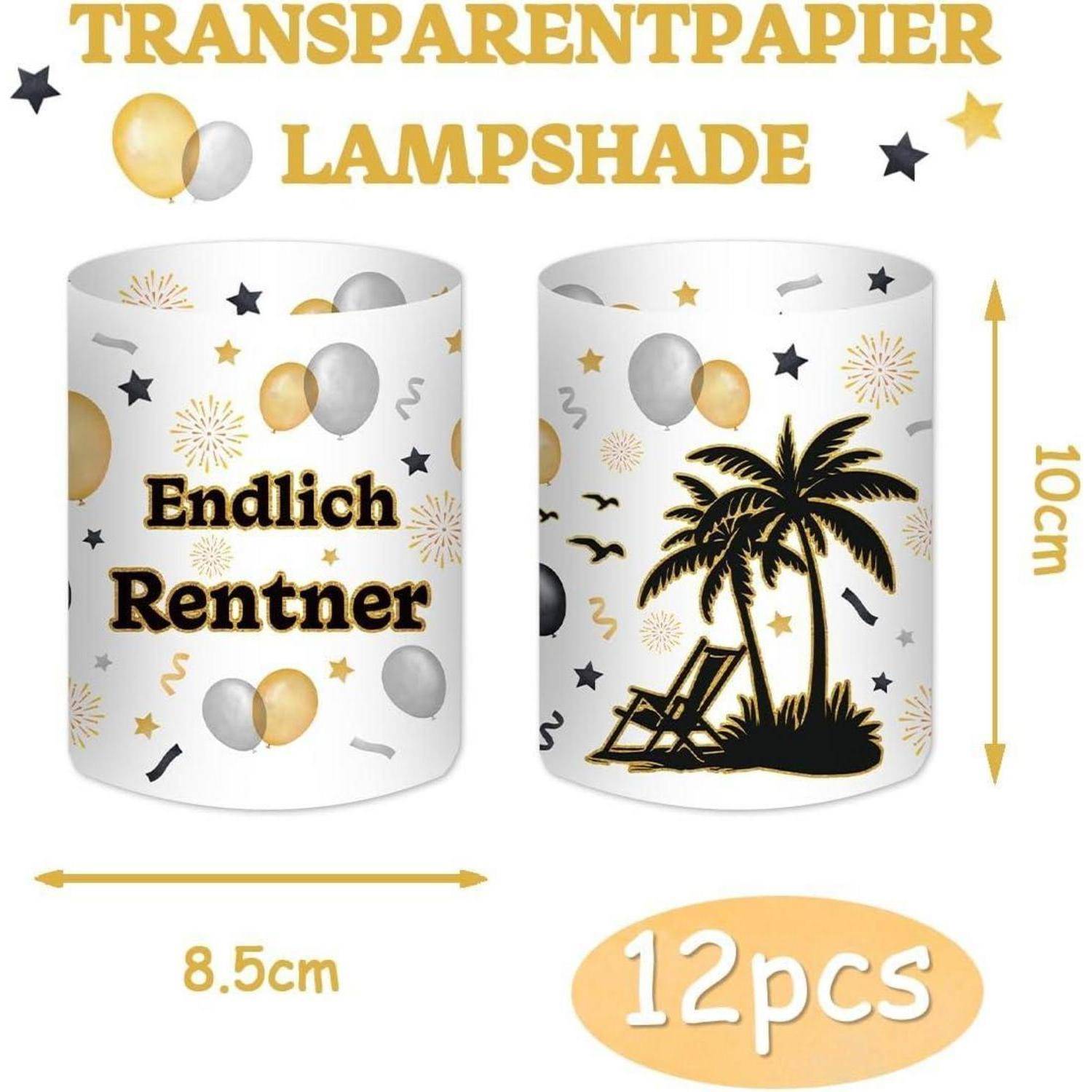 Zwei Lampenschirme mit 'Endlich Rentner' Text und Palmenbaum-Design, 8,5 cm breit und 10 cm hoch. Packung mit 12 Stück.
