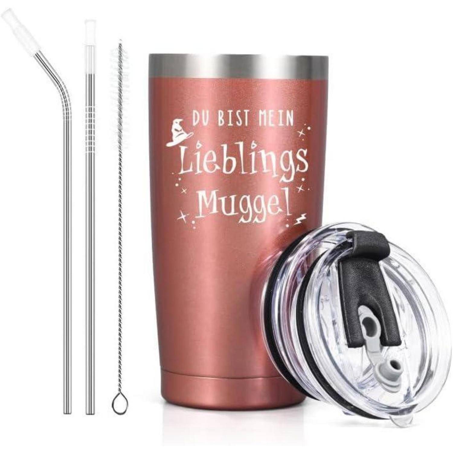 Roségoldener Becher mit der Aufschrift 'Du bist mein Lieblings Muggel', inklusive Deckel, Metallstrohhalm, Reinigungsbürste und Silikonspitze.