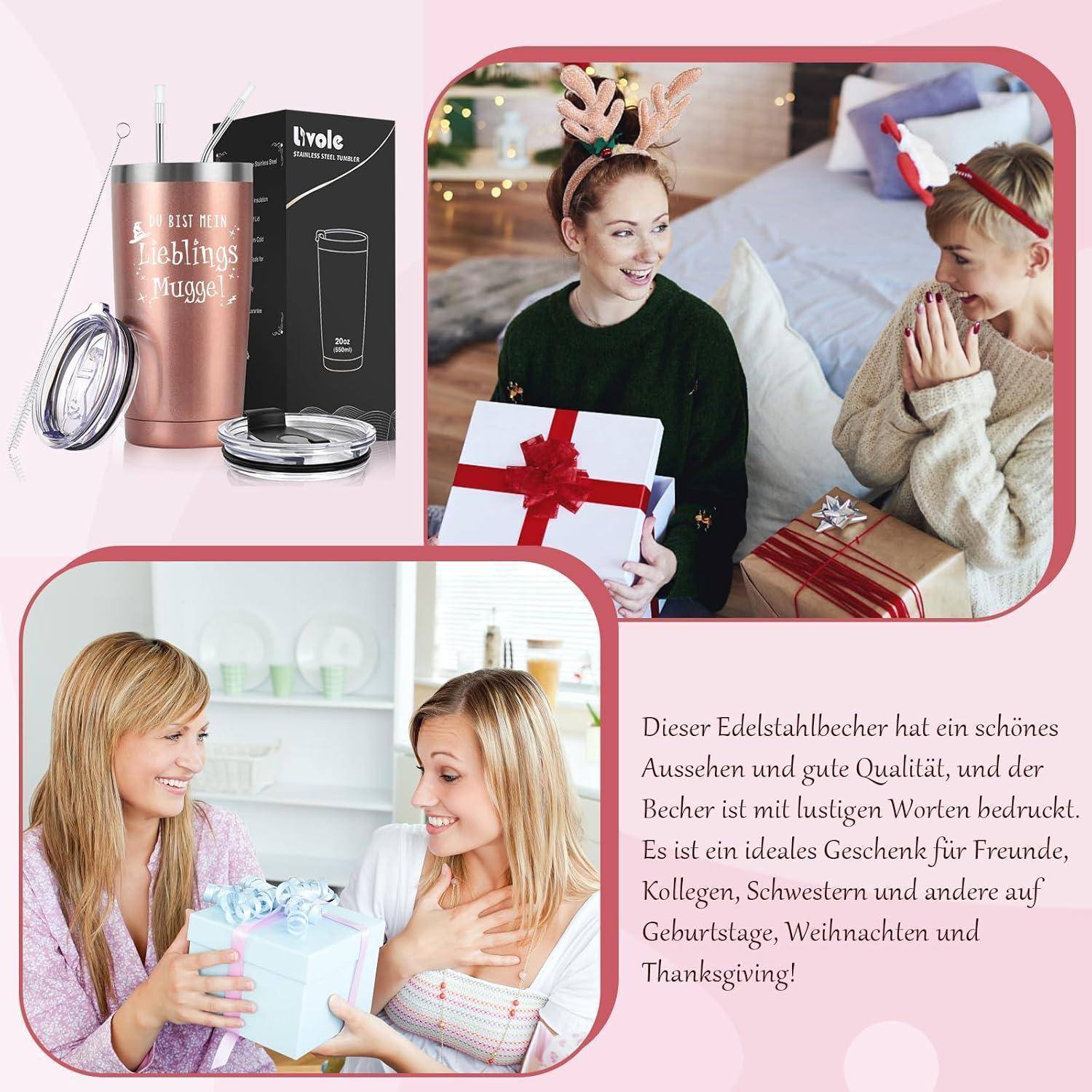 Das Bild zeigt eine Edelstahlbecher mit Zubehör und einer Geschenkbox, begleitet von zwei Fotos von Menschen, die eingewickelte Geschenke austauschen. Der deutsche Text betont Geschenkanlässe.
