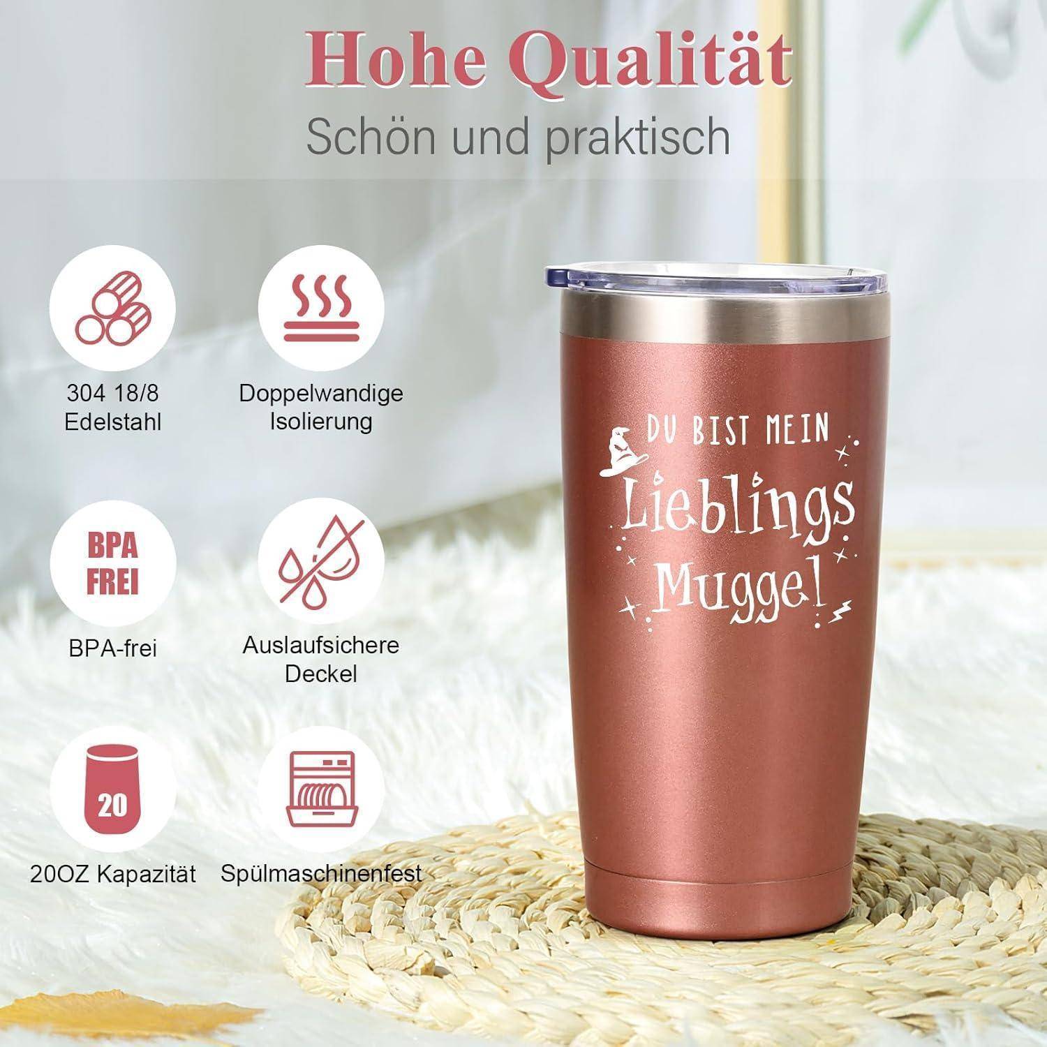 Ein Reisebecher mit der Aufschrift 'Du bist mein Lieblings Muggle', ausgestattet mit Edelstahl, Doppelwand-Isolierung, BPA-frei und Spülmaschinenfest-Symbol-Beschreibungen.