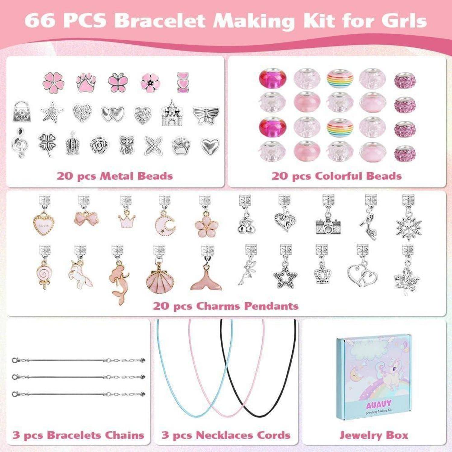 66-teiliges Armband-Bastelset für Mädchen, das 20 Metallperlen, 20 bunte Perlen, 20 Anhänger, 3 Armbankketten, 3 Halskordeln und eine Schmuckbox enthält.