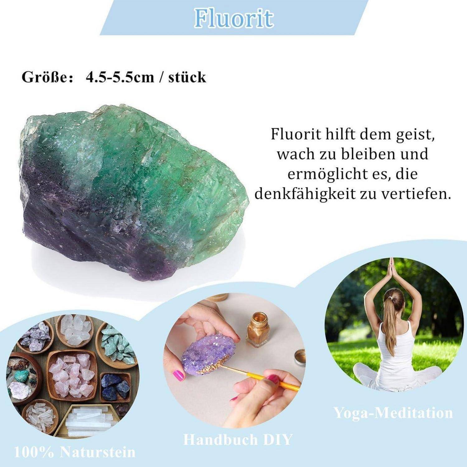 Fluorit-Kristall mit einer Größe von 4,5-5,5 cm, verbessert geistige Klarheit und Konzentration. Enthält Bilder von DIY-Projekten und einer meditierenden Person.