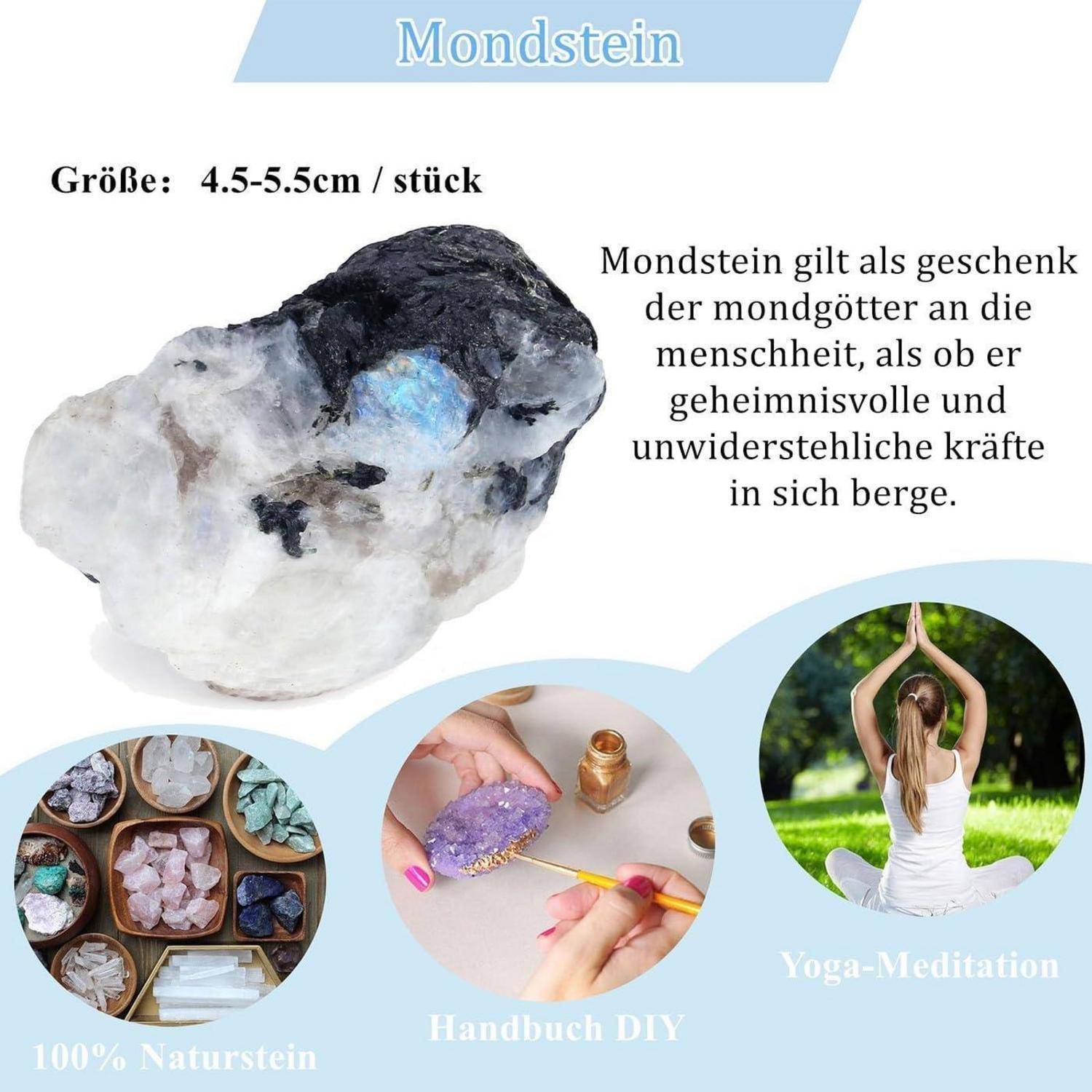 Mondstein, Größe: 4.5-5.5 cm/stück. Mondstein als mystisches Geschenk der Mondgötter. Fotos von Stein, Kristallen, DIY-Handbuch, Meditation.