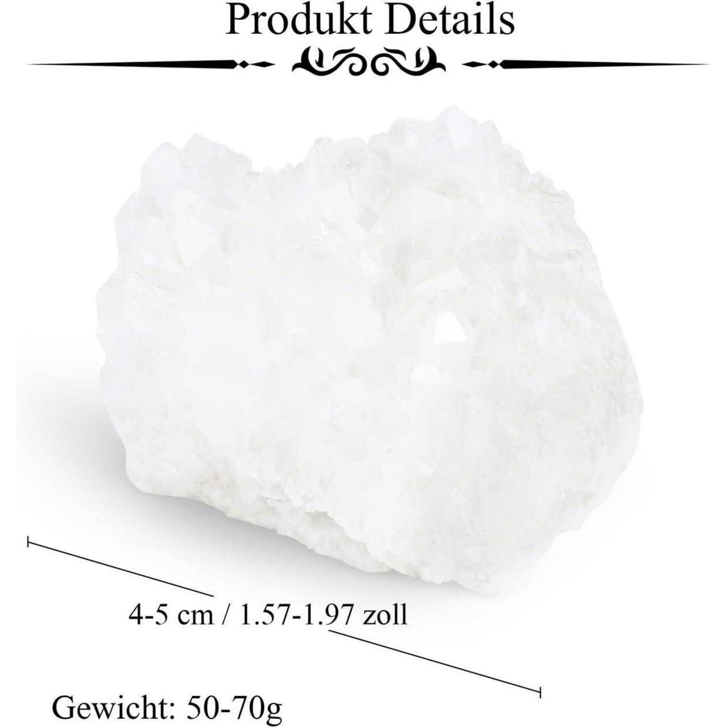 Weißer Kristallstein mit einer Größe von 4-5 cm (1,57-1,97 Zoll), mit einem Gewicht von 50-70 g. Dekorativer Text lautet „Produkt Details