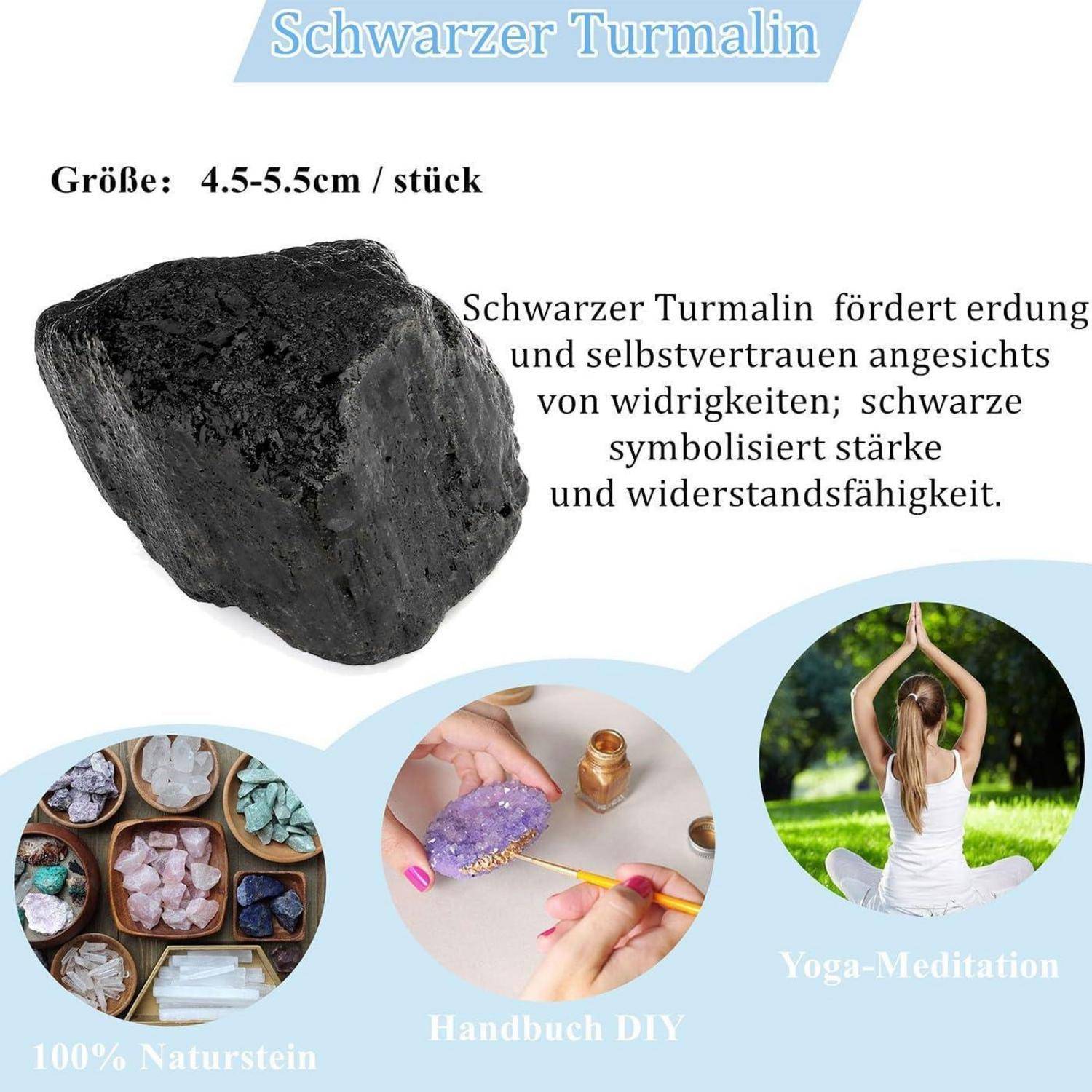 Das Bild zeigt einen Schwarzen Turmalin mit deutscher Beschriftung zu seiner Größe und Vorteilen, einschließlich Erdung und Widerstandsfähigkeit. Umgebende Bilder zeigen Natursteine, ein DIY-Projekt und Yoga-Meditation.