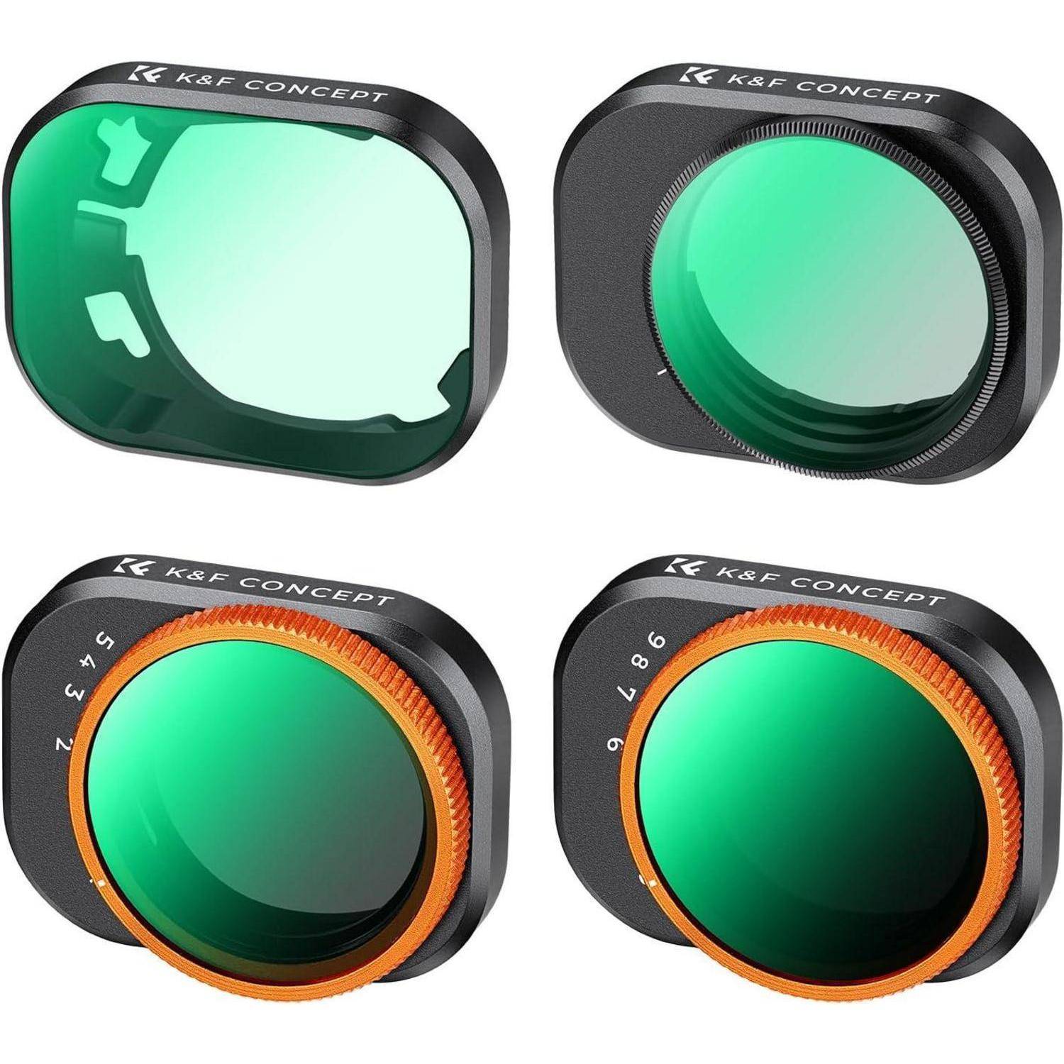 Vier K&F Concept Kameraobjektiv-Filter mit grünlich getöntem Glas, jeweils für verschiedene Beleuchtungsbedingungen und Effekte entwickelt; mit den Nummern 37, 57, 67 und 87 gekennzeichnet.