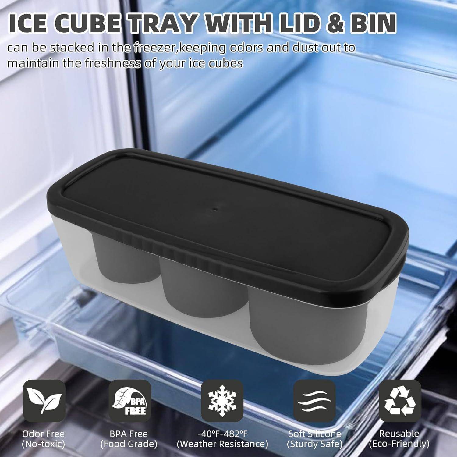 Eiswürfelschale mit Deckel und Behälter im Gefrierschrank. Eigenschaften: geruchsfrei, BPA-frei, wetterfest, robust, wiederverwendbar, umweltfreundlich.