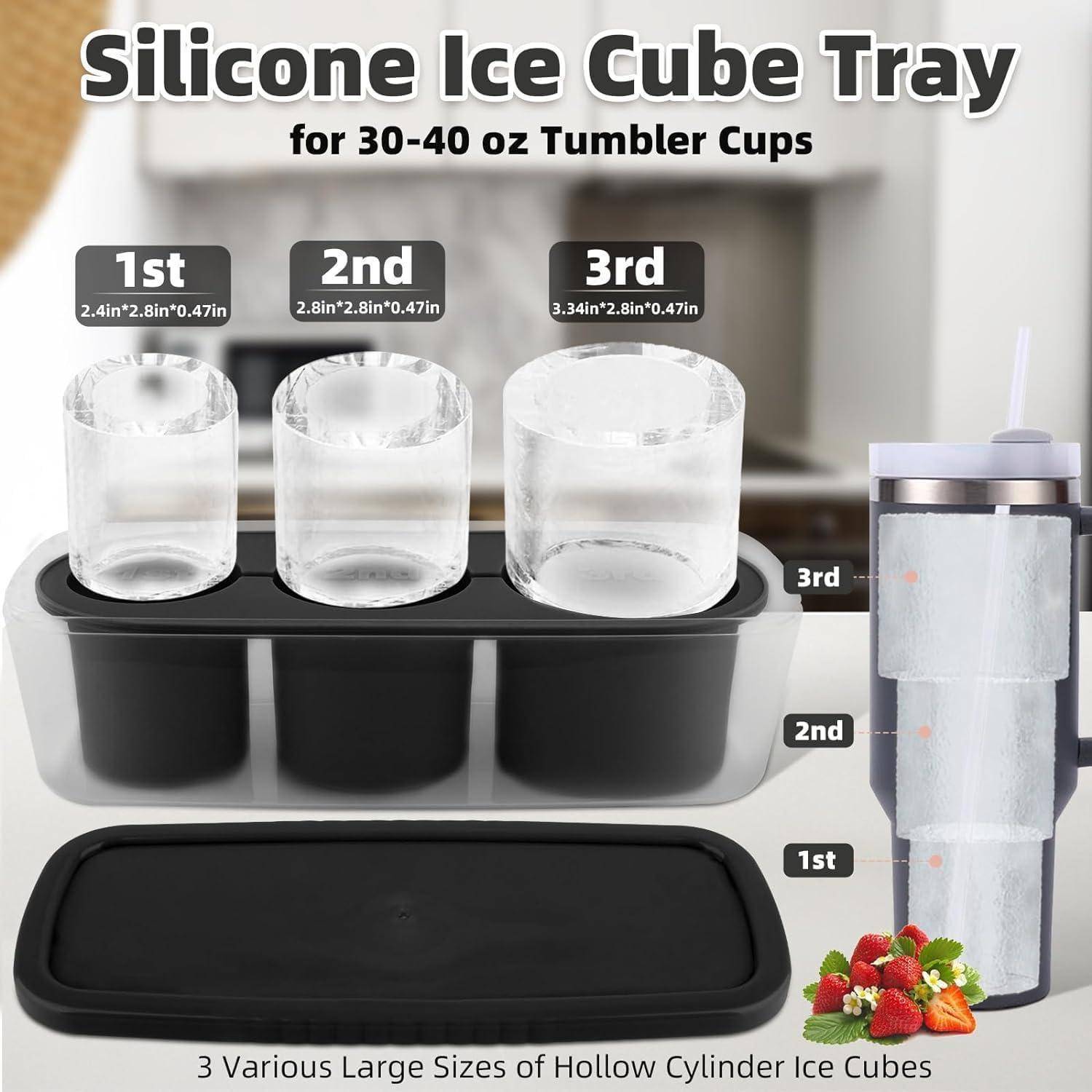 Silikonform für Eiswürfel mit drei Größen von zylindrischen Formen für 30-40 Unzen Becher. Enthält Deckel und zeigt Beispielverwendung mit Getränk.