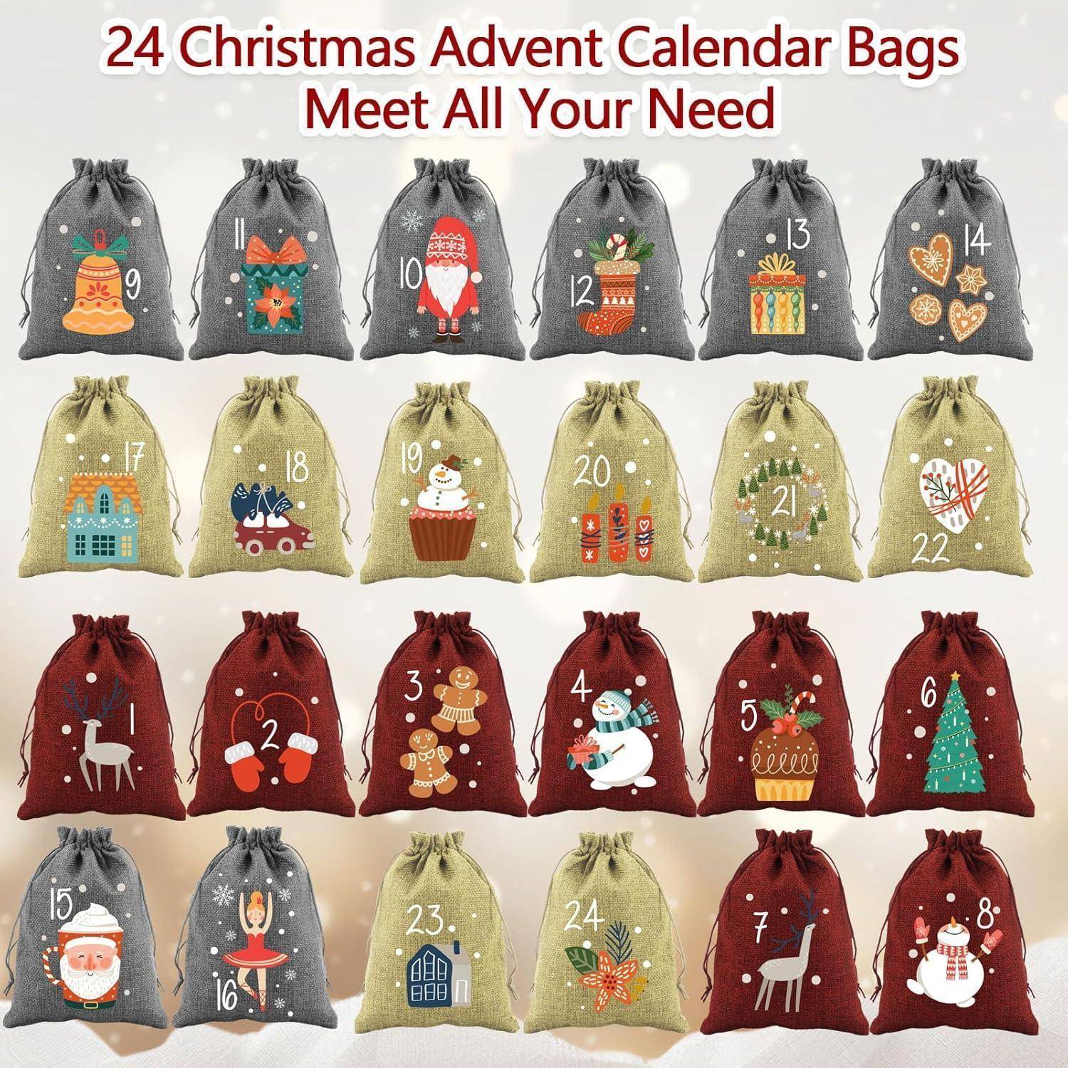 24 Weihnachts-Adventskalender-Tüten, die in vier Reihen mit festlichen Designs angeordnet sind, jede Tüte von 1 bis 24 nummeriert, mit Schneemännern, Bäumen und Weihnachtsschmuck.