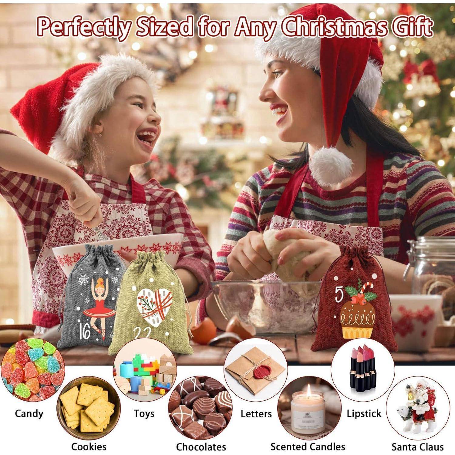 Zwei Personen mit Weihnachtsmützen und Schürzen wickeln fröhlich Geschenke in einer festlich geschmückten Küche ein. Verschiedene Geschenkideen und entsprechende Bilder sind darunter abgebildet.