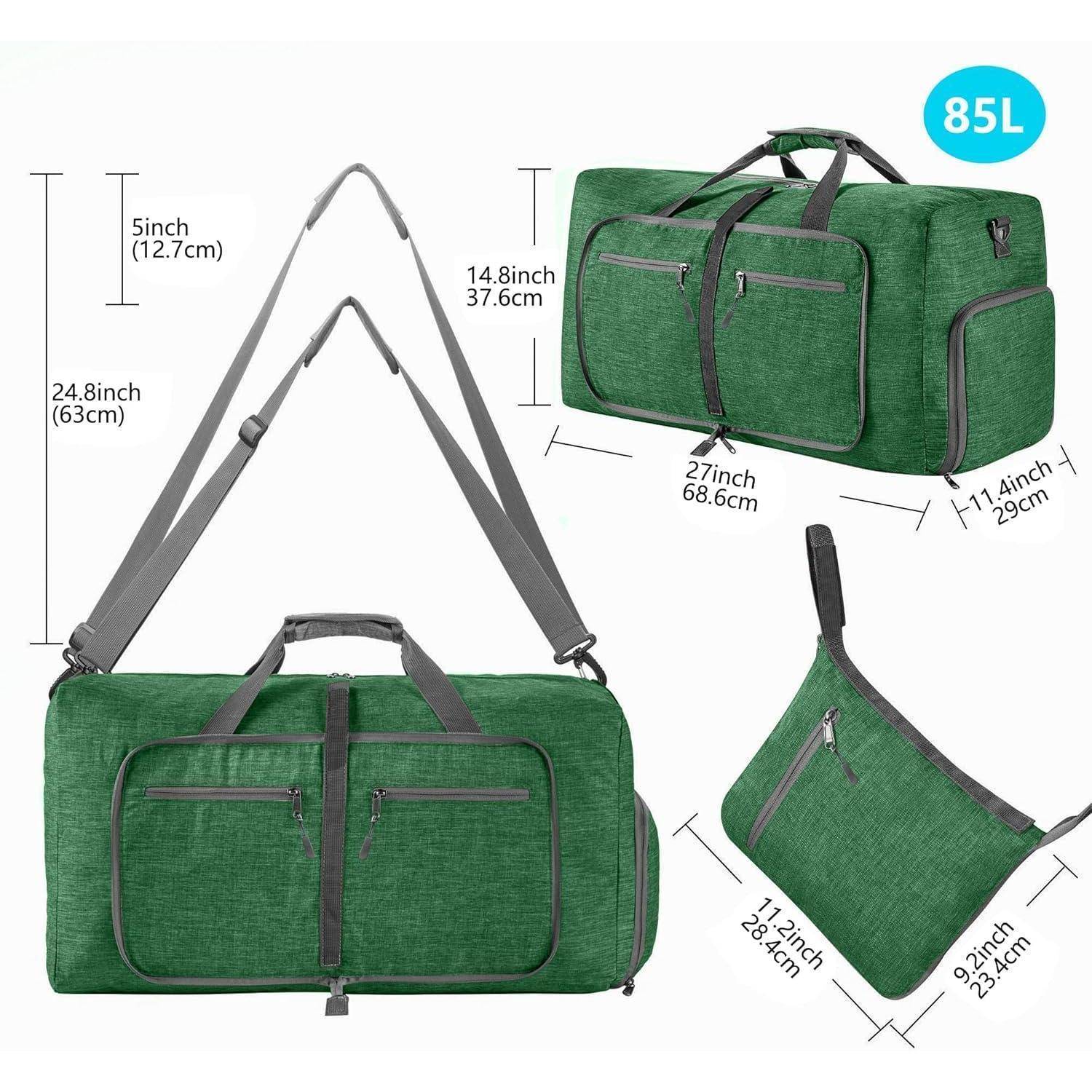 Eine große grüne Reisetasche mit den Abmessungen: 63 cm hoch, 37,6 cm breit und 12,7 cm tief. Sie verfügt über mehrere Fächer.