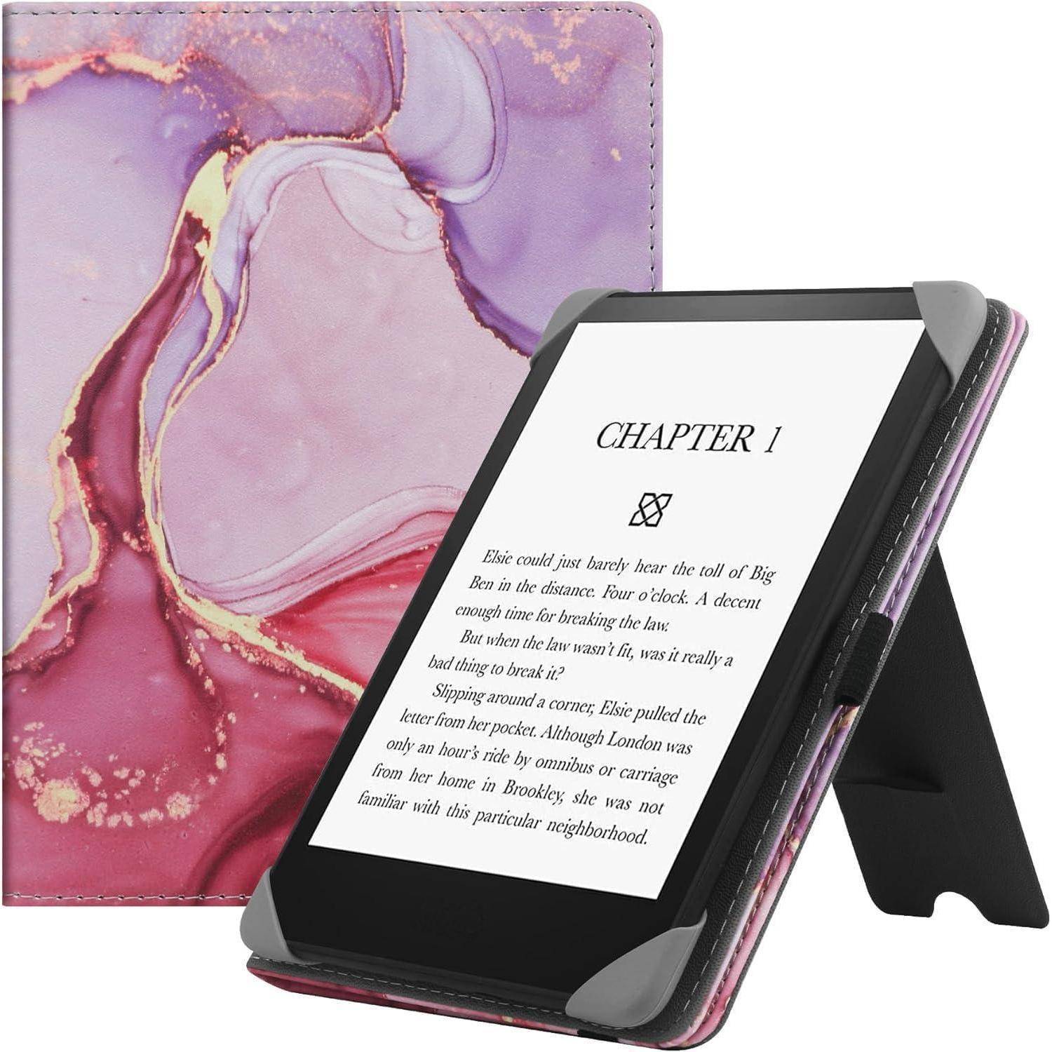 E-Reader in einem rosa marmorierten Etui, auf dem der Beginn von 