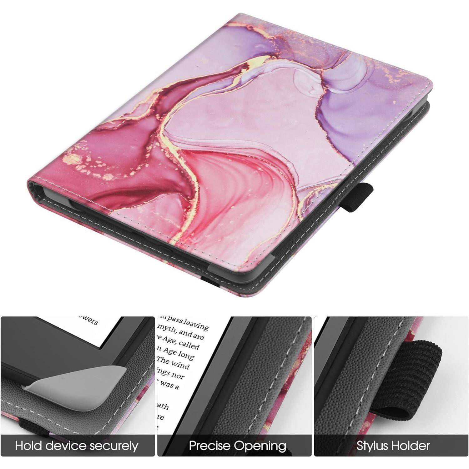 Eine rosa und lila marmorierte Tablet-Hülle mit folgenden Merkmalen: sicherer Halt, präzise Aussparungen und ein Halter für den Stylus.