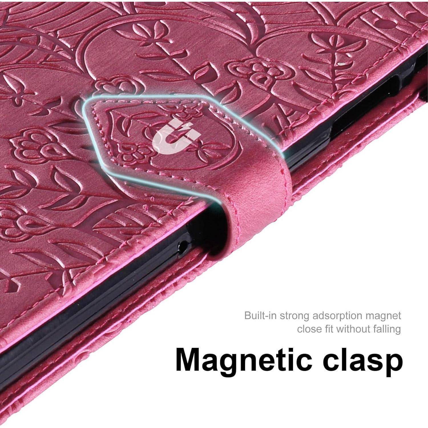 Rosa Handyhülle mit floralem Prägedruck und magnetischem Verschluss, mit Symbol eines Magneten. Text: 'Magnetverschluss' und Details zum festen Sitz.