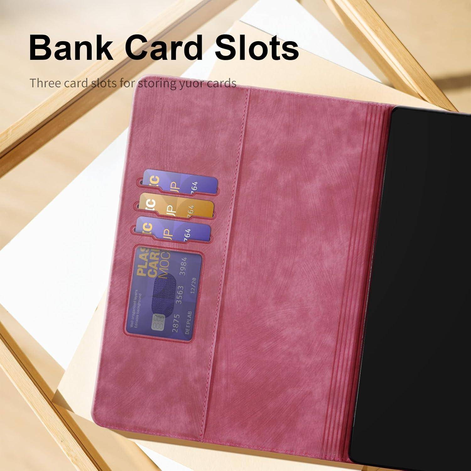 Eine rosa Geldbörse, die auf einem Tisch geöffnet ist und mehrere Bankkartenfächer mit eingelegten Karten zeigt. Text oben liest sich: 'Bankkartenfächer'.