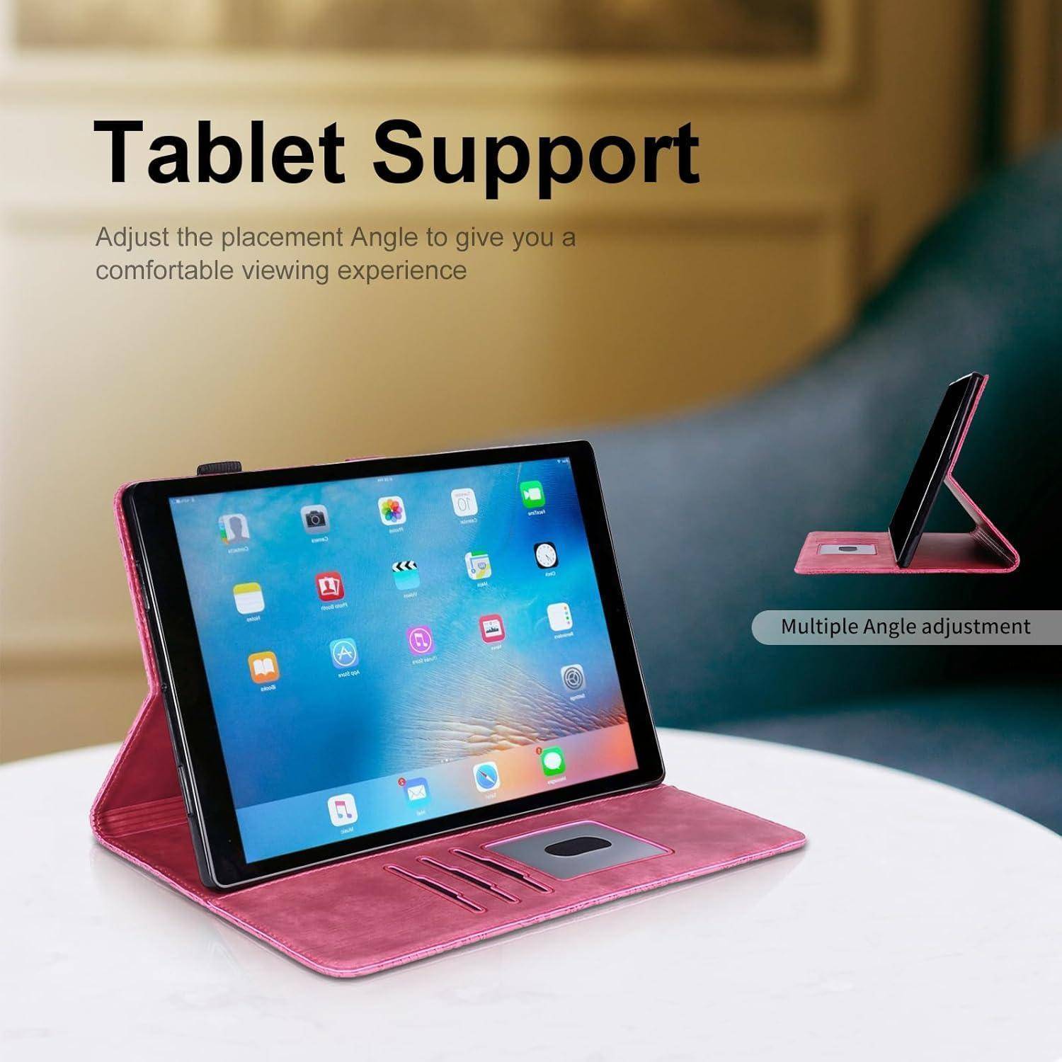 Eine Tablette in einem roten Etui wird in einem verstellbaren Winkel präsentiert. Der Text liest sich 