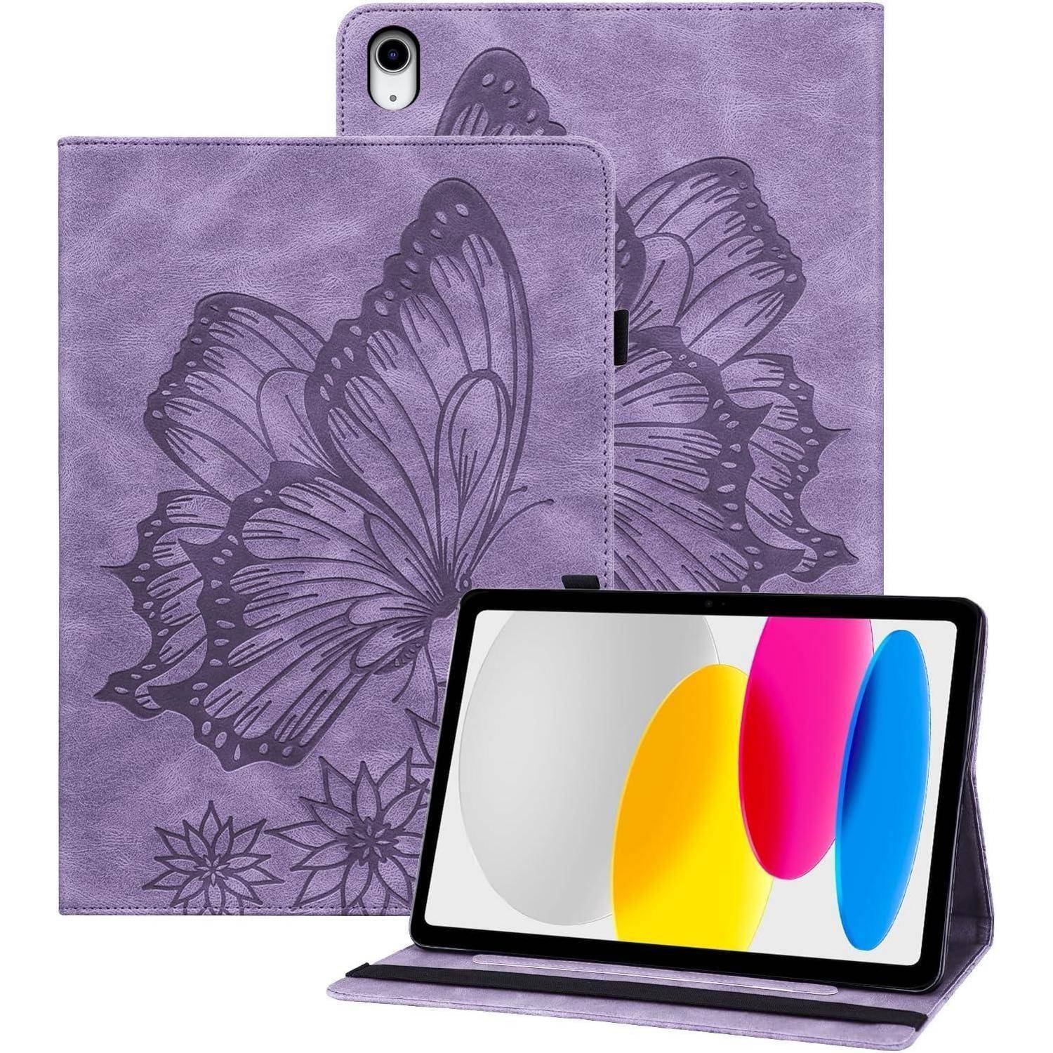 Lila Tablet-Hülle mit Schmetterlings-Design, zwei Blumen und einem Griffelhalter. Ein Tablet wird mit einem bunten Bildschirm in Standposition präsentiert.