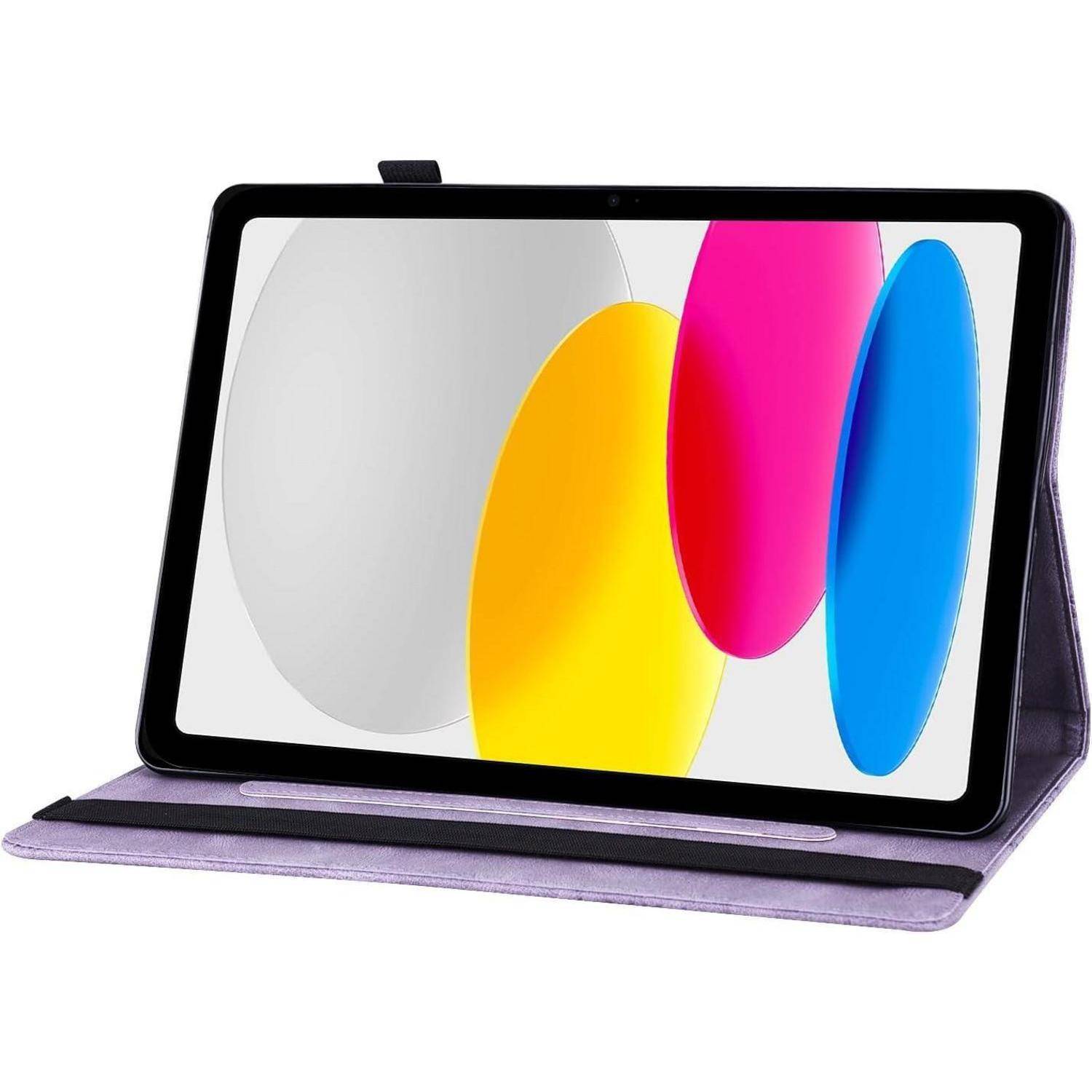 Eine Tablette in einem schwarzen Gehäuse zeigt einen Bildschirm mit großen, überlappenden farbigen Ovalen in Grau, Rosa, Gelb und Blau.