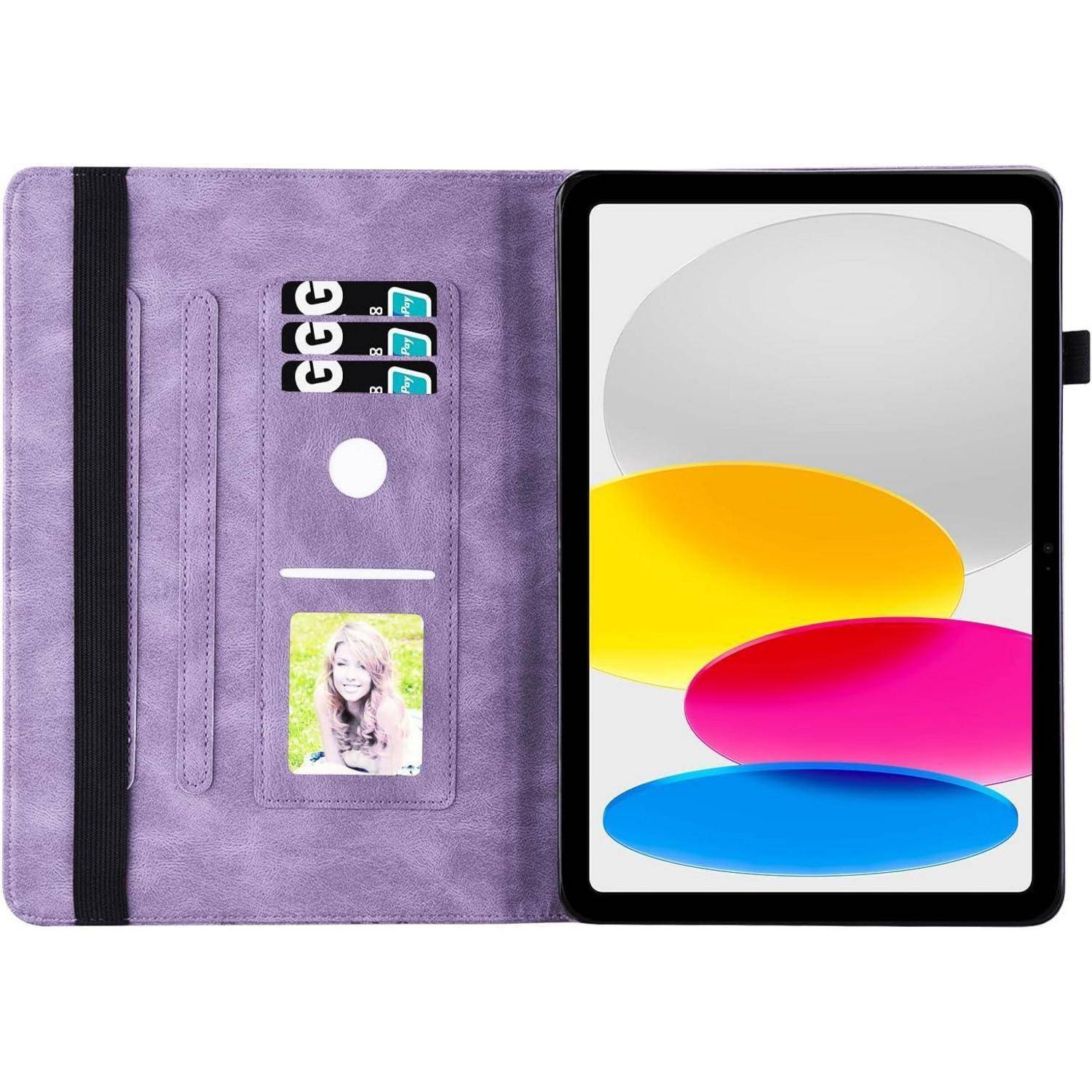 Ein Tablet in einer lila Hülle mit Kartenfächern und einem Fotohalter, das einen abstrakten Bildschirm mit sich überlappenden Kreisen in verschiedenen Farben zeigt.