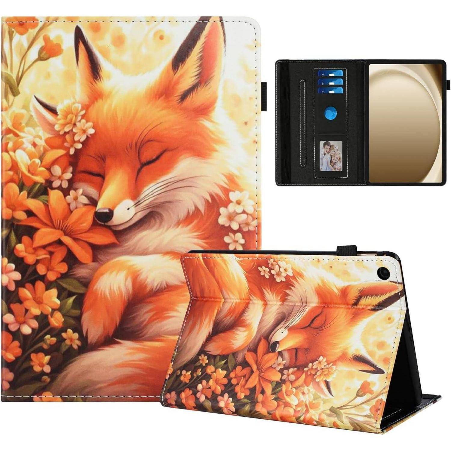 Eine Tablet-Hülle mit einer Illustration eines schlafenden Fuchses zwischen orangefarbenen Blumen, mit Kartenfächern und einem runden Spiegel im Inneren.