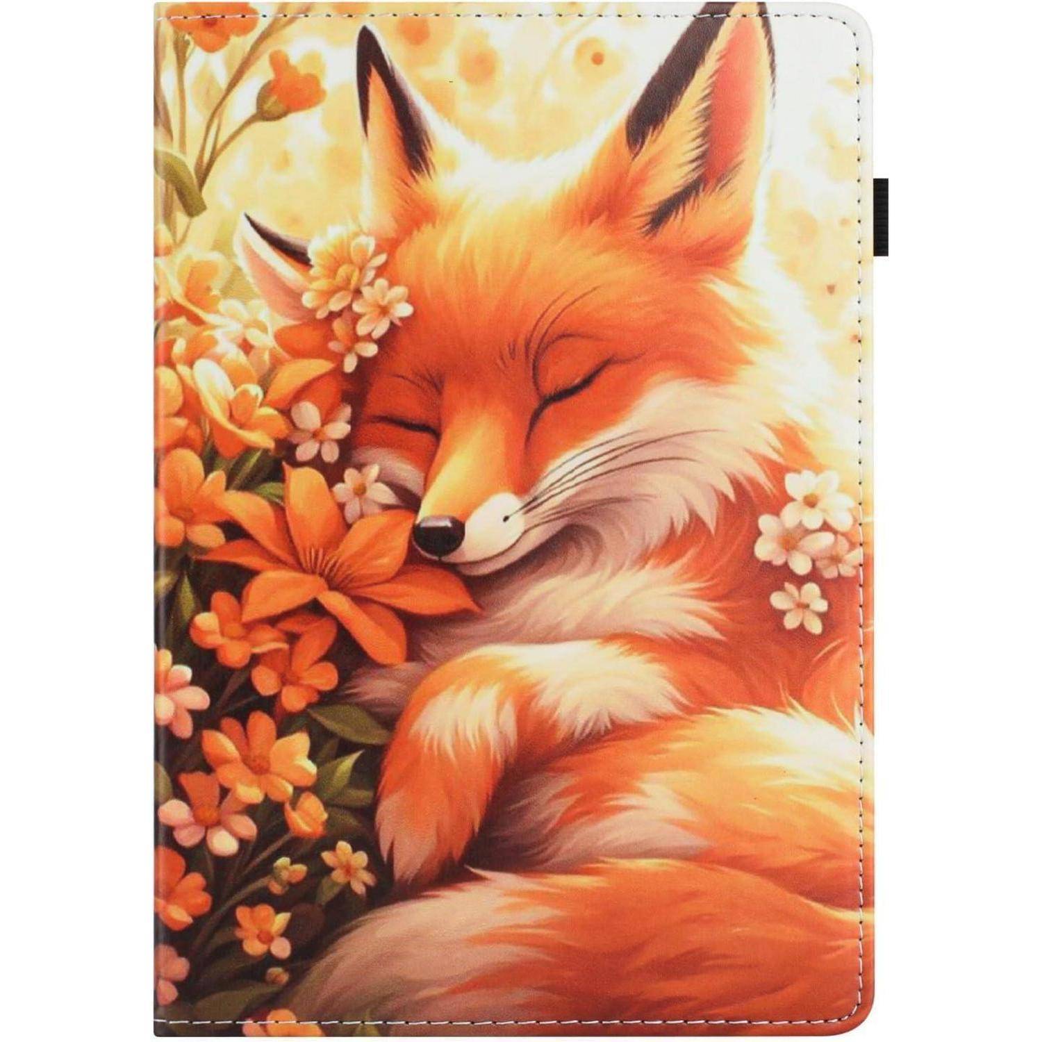 Ein Fuchs schläft friedlich inmitten eines Blumenbettes aus leuchtend orangefarbenen und weißen Blüten und vermittelt ein Gefühl von Ruhe und natürlicher Schönheit.