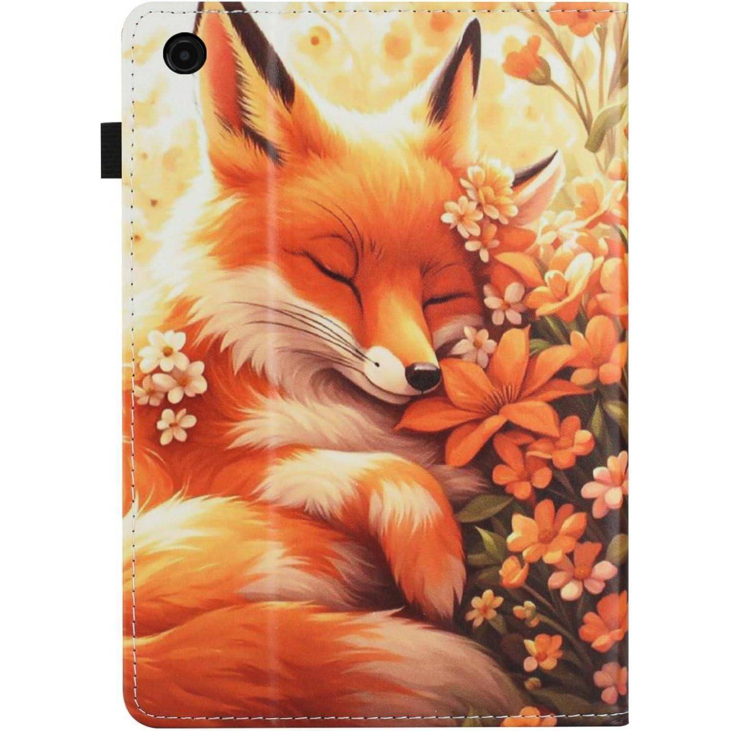 Ein Fuchs schläft friedlich zwischen orangen und weißen Blumen in einer warmen, sonnendurchfluteten Umgebung.
