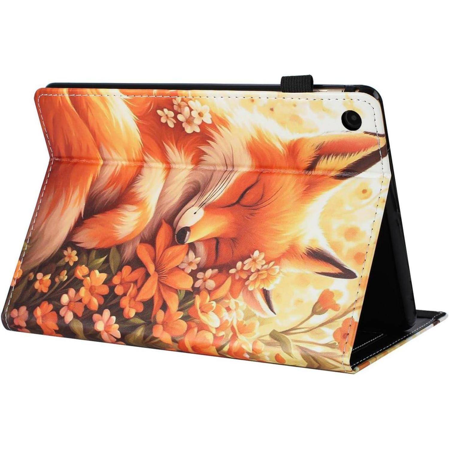 Illustrierte Tablet-Hülle mit einem schlafenden Fuchs, der zwischen leuchtend orangefarbenen Blumen ruht und eine warme, friedvolle Ästhetik schafft.